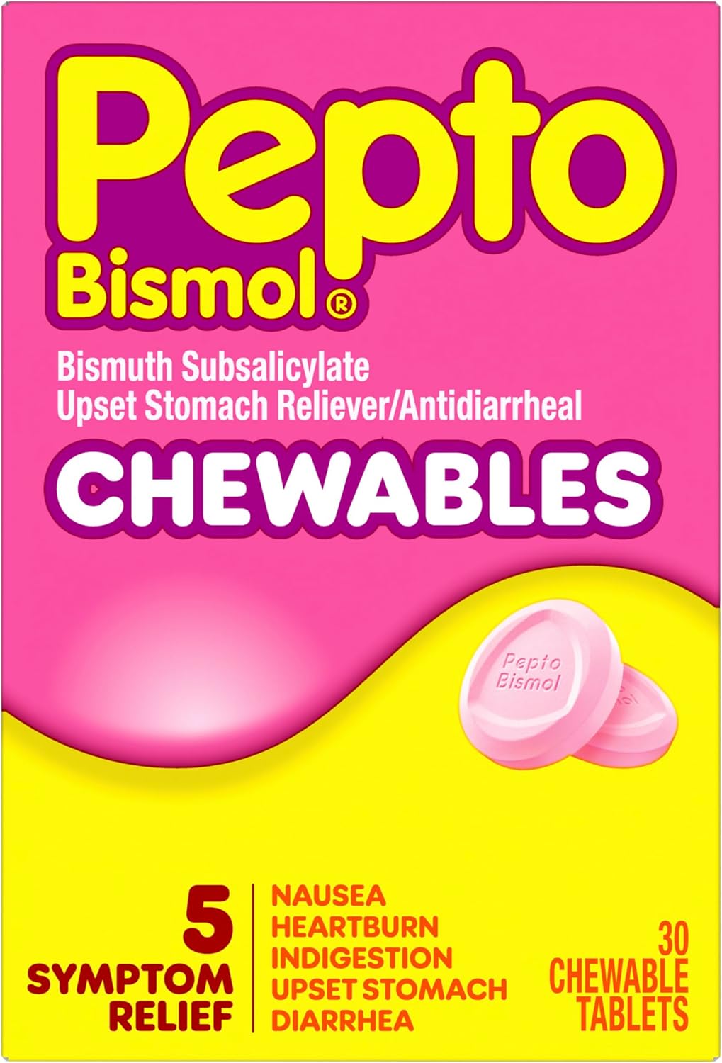 Pepto Bismol Chewable Tablets, Upset Stomach Relief, Nausea Relief, Heartburn Relief, Indigestion Relief, Anti Diarrhea Medication for Adults - 5 Symptom Relief, 30 ct