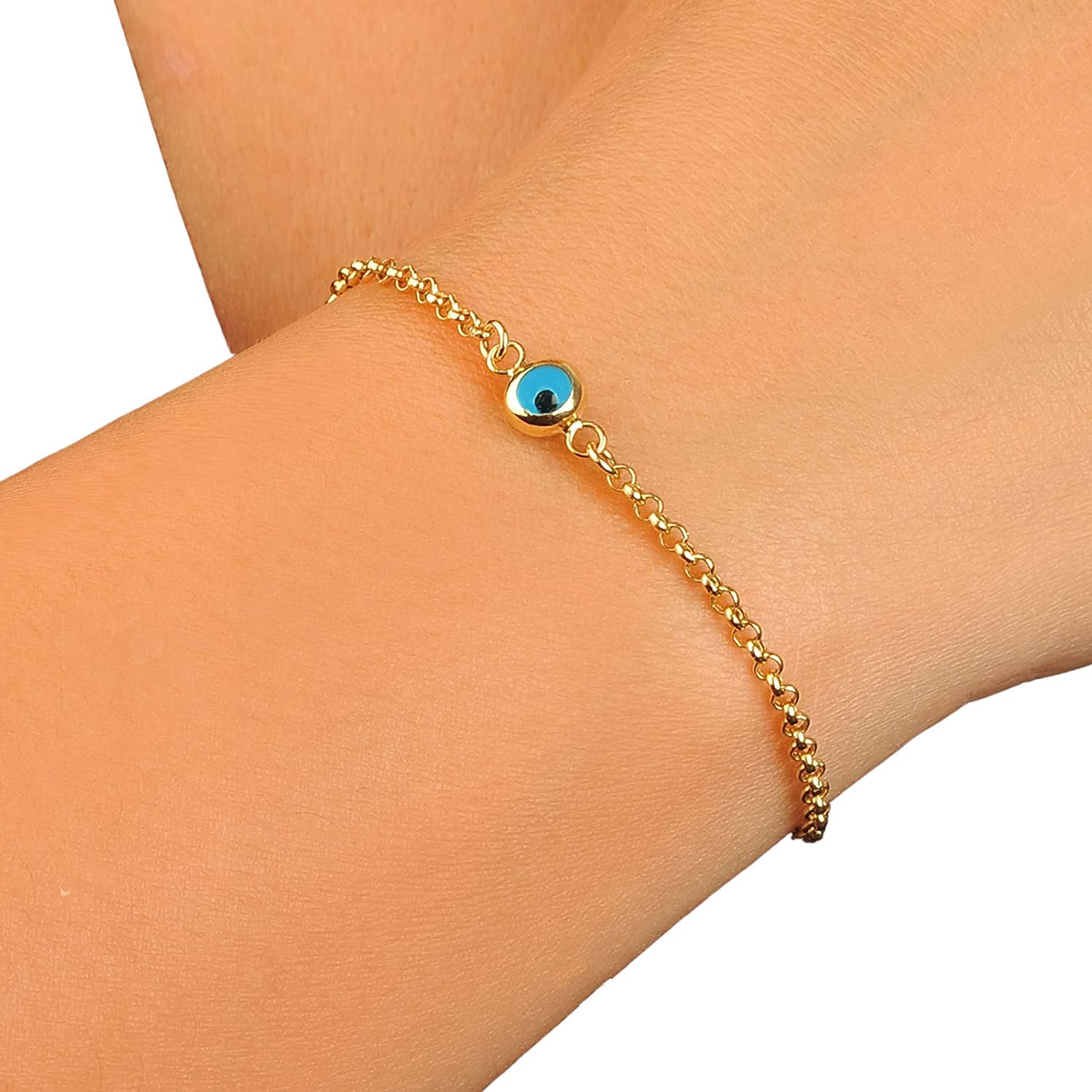 14k Solid Gold 2 Sided Evil Eye Bracelet, Thicker Rolo Chain Cute Dainty Delicate Eye Gold Bracelet, Trendy Blue Eyes Real Gold Eye Bracelet Great Gift for Birthday Women Mom Girls, Jewee Diamond