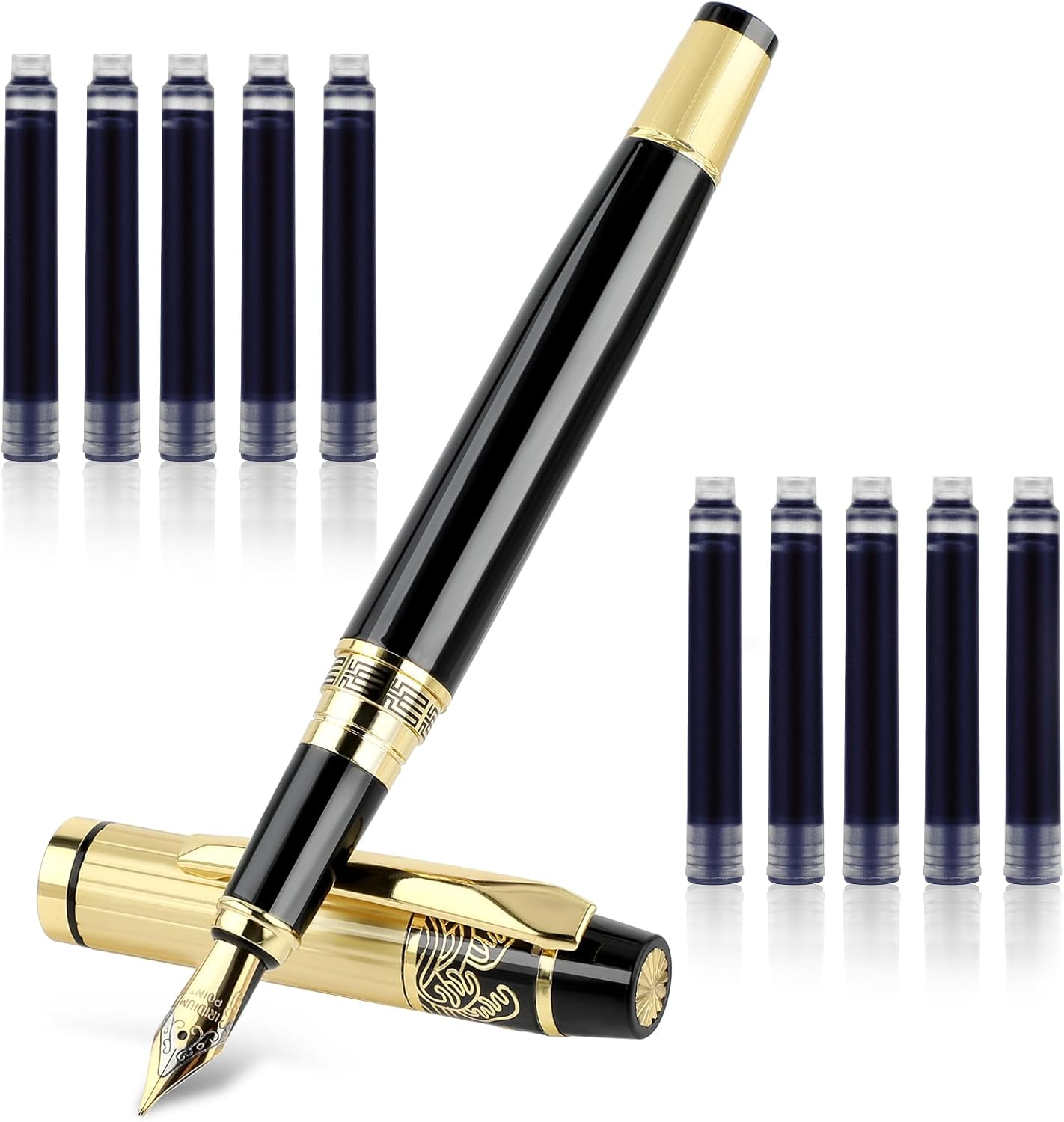Metal Fountain Pens, With 10 Black Ink 2.6mm Cartridges, 0.5mm Luxury Fine Point Fountain Pen Business Pen Smooth Writing Stainless Steel Pen Calligraphy Pen for Office School Supplies(Blue)