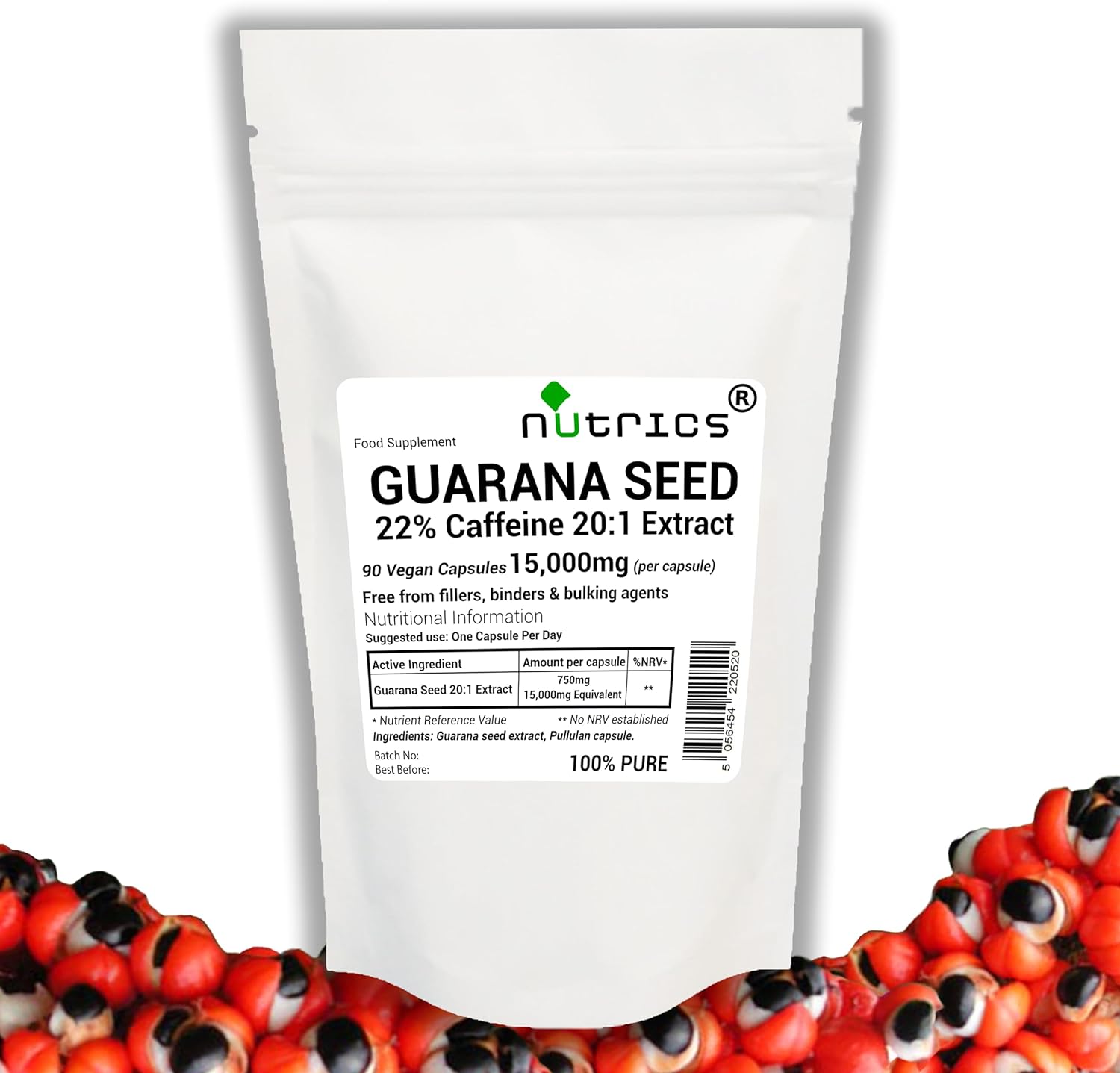 Nutrics® 15,000mg (per Capsule) Guarana Seed Extract Powder 22% Caffeine - 90 Vegan Capsules - 20 Times Stronger Than Powder - Energy Boost Natural Supplement