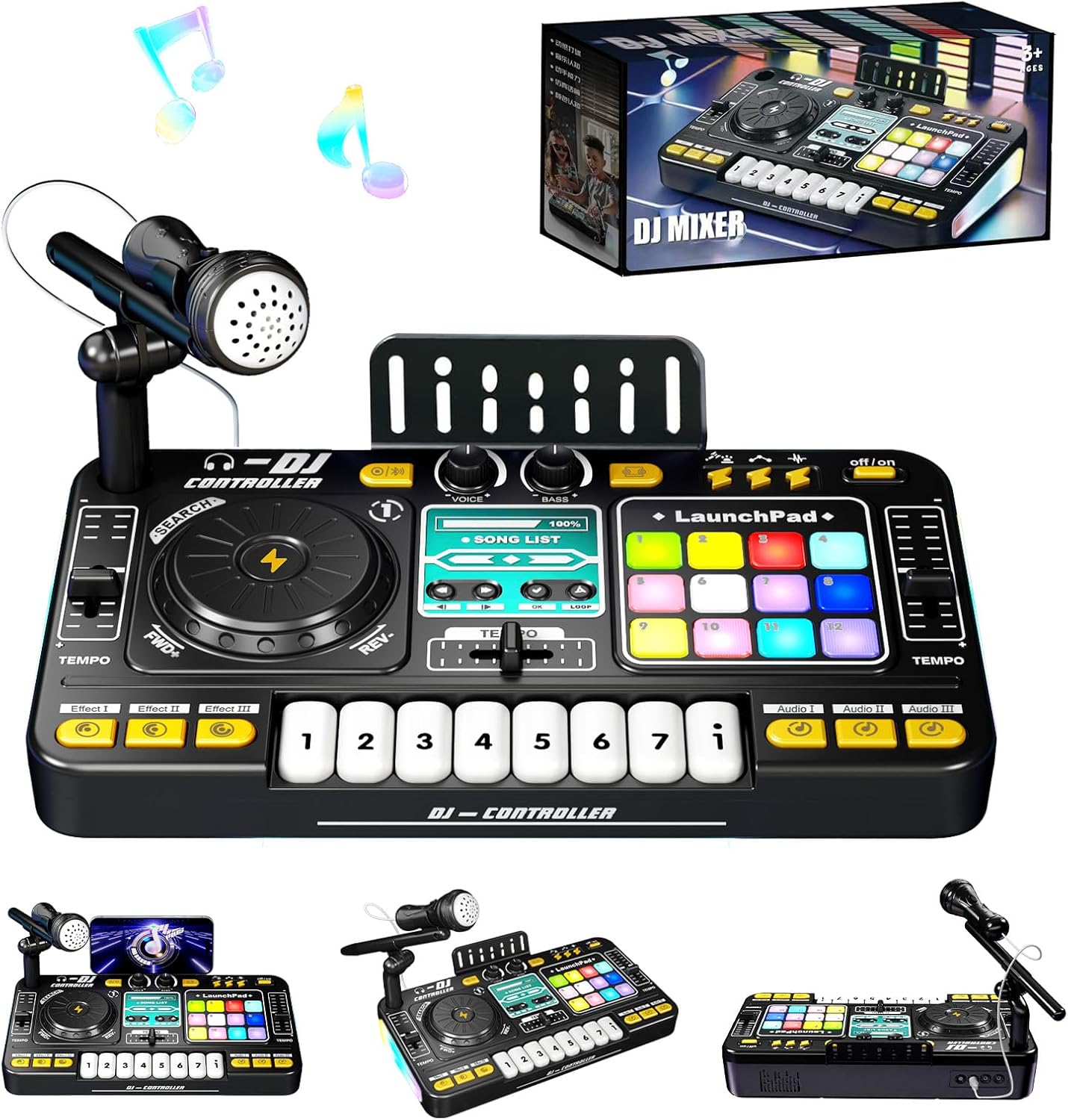 RedCrab Kids DJ Mixer Table, DJ Decks for Baby with Microphone, Bluetooth, Piano Keys, LED Lights, Interactive Music Keyboard Toy for Children, Educational Musical DJ Set for Boys and Girls (Black)