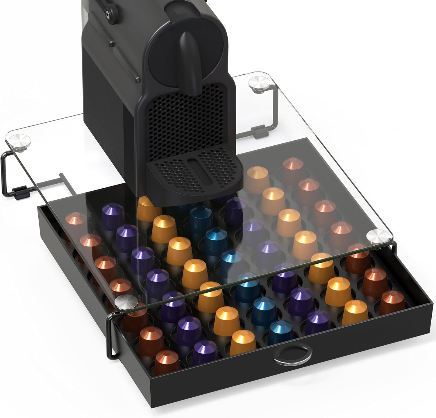 Deco Brothers Crystal Tempered Glass OriginalLine Pod Holder Drawer, 49 Capsule Organizer, Black