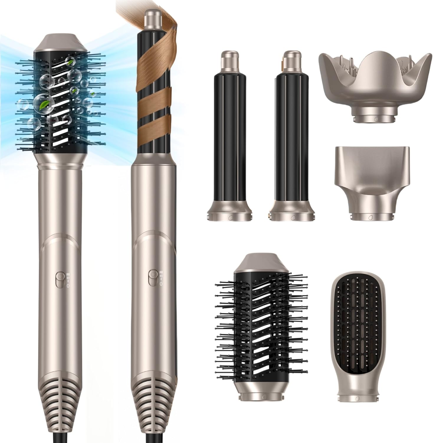 UKLISS 6 in 1 Magic Air Styler Hair Dryer Brush with Diffuser Air Curling Wands Volumizing Brush Blow Dryer Nozzle Straightener Comb Curlers Hair Styler Hairdryers for Women Gifts, Gold