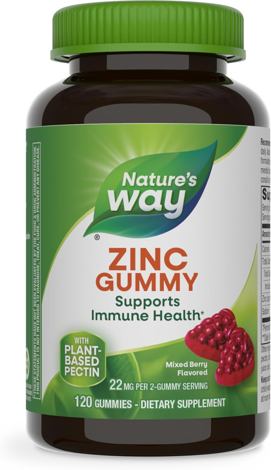 Nature's Way Zinc Gummies, Daily Immune Support Gummies*, 100% Daily Value Zinc per Gummy, Mixed Berry Flavored, 120 Gummies