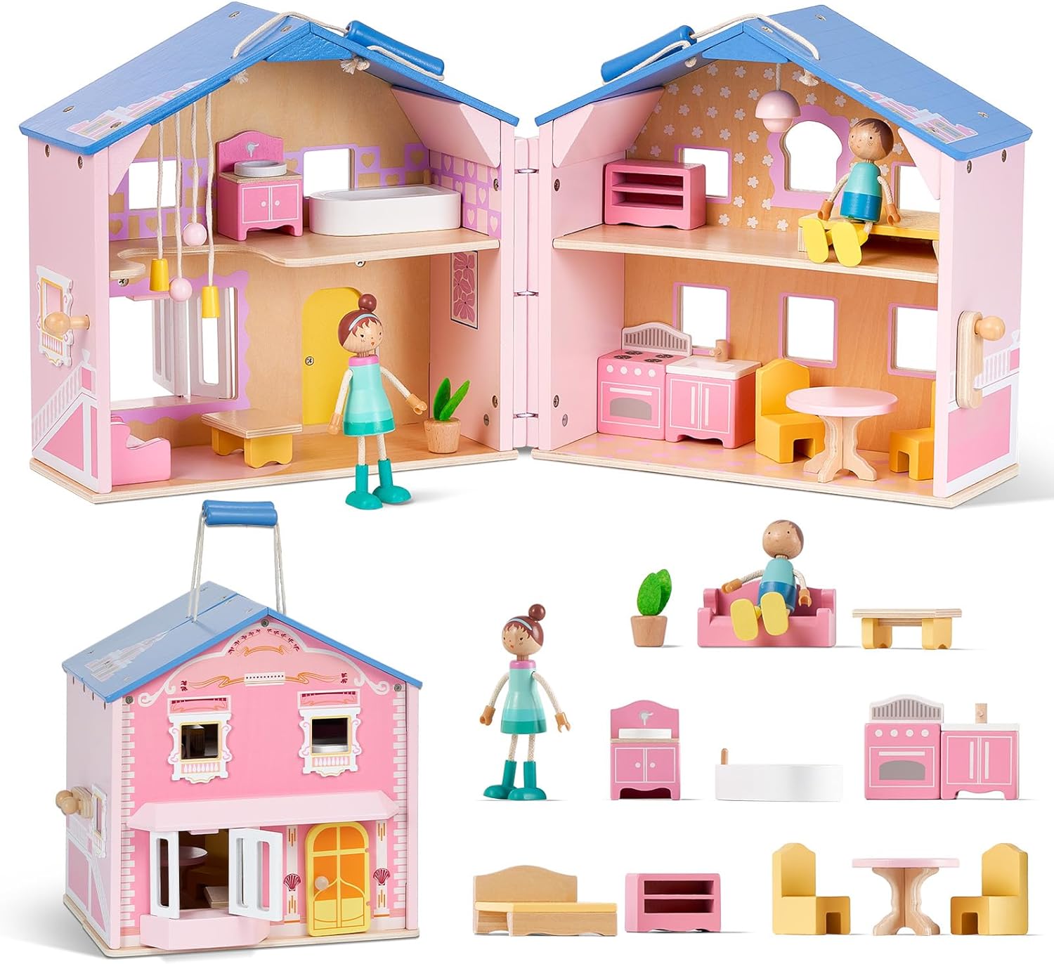 Exquisite Pink Wooden Dollhouse for Girls with 2 Dolls and 12pcs Wooden Furniture,Foldable and Portable Pretend Play House Set with Handle, Christmas Birthday Gift for Boys Girls Kids Age 3+