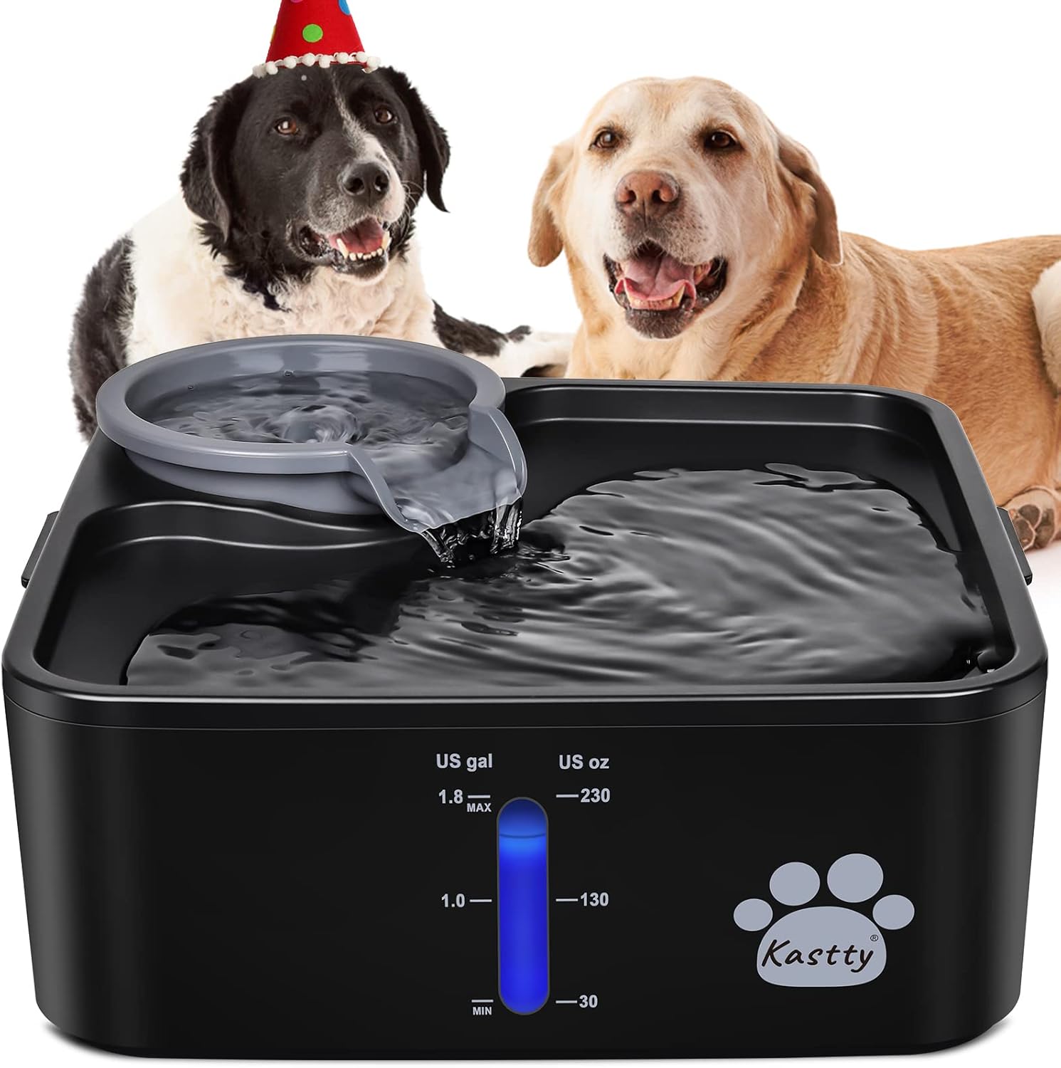 Kastty 2 Gallon Dog Water Fountain Ultra Large/Wide Pet Fountain BPA-Free Premium Dog Water Bowl Dispenser with 5 Filtration Safe Pump& LED Shortage Reminder, Large Dogs Cats& Multi-Pet Home FS55