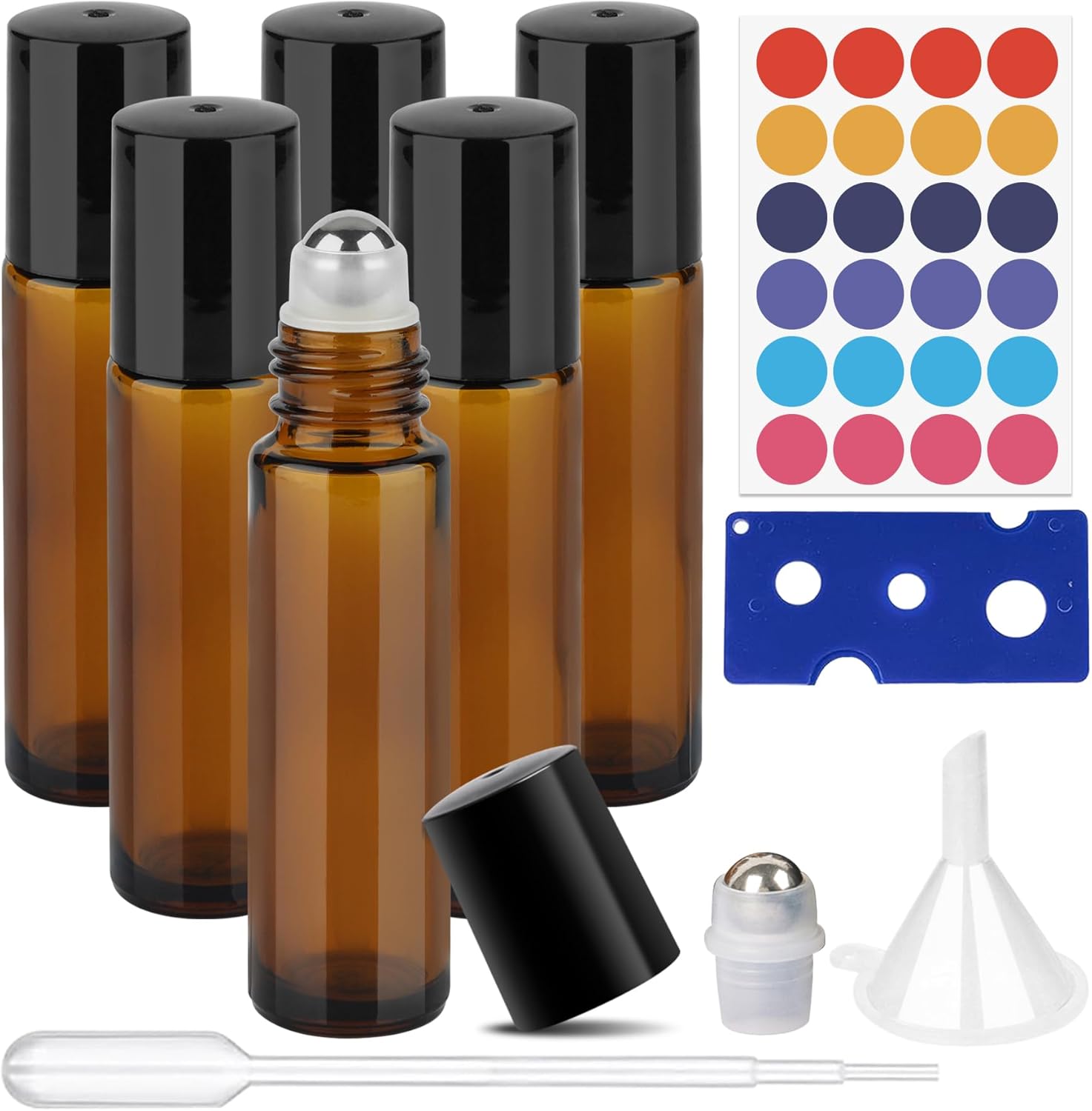 ComSaf Essential Oil Roller Bottles 6Pcs, 10mL Glass Roll on Bottle Set with Stainless Steel Balls, Amber Glass Bottles with Labels, Dropper, Funnel, for Essential Oils, Perfume, Aromatherapy, Travel