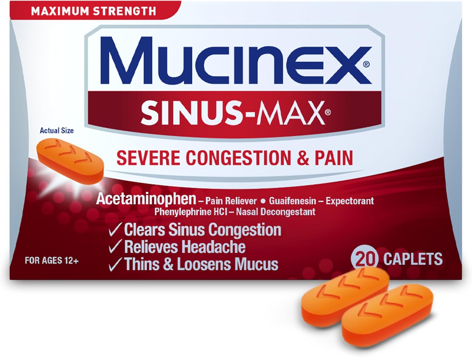 Mucinex Sinus Max Severe Congestion & Pain Relief, Maximum Strength Nasal & Sinus Relief, Decongestant for Adults, Acetaminophen Pain Reliever, Guaifenesin Expectorant and Mucus Removal, 20 Caplets