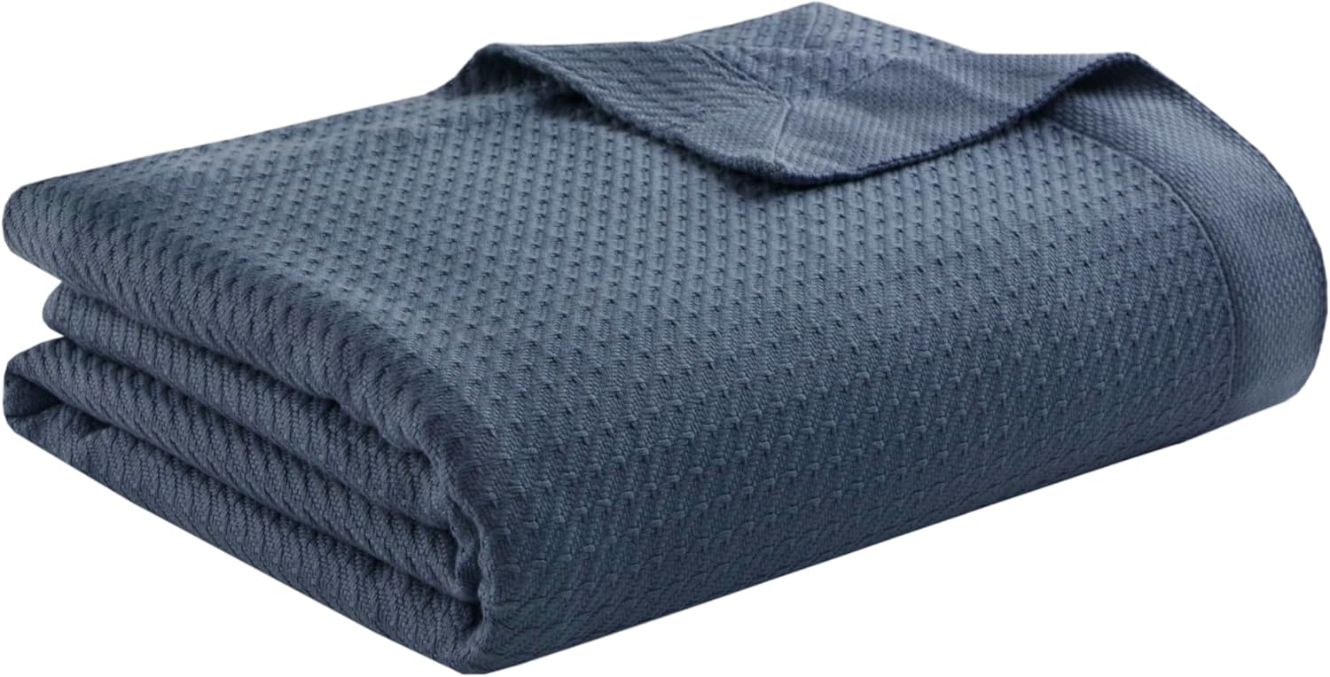 Madison Park 100% Egyptian Cotton Lightweight Summer Blanket, Breathable Waffle Knit Design, Soft Cozy All-Season Throw for Bed, Couch or Sofa, Blue Full/Queen Size (90"x90")