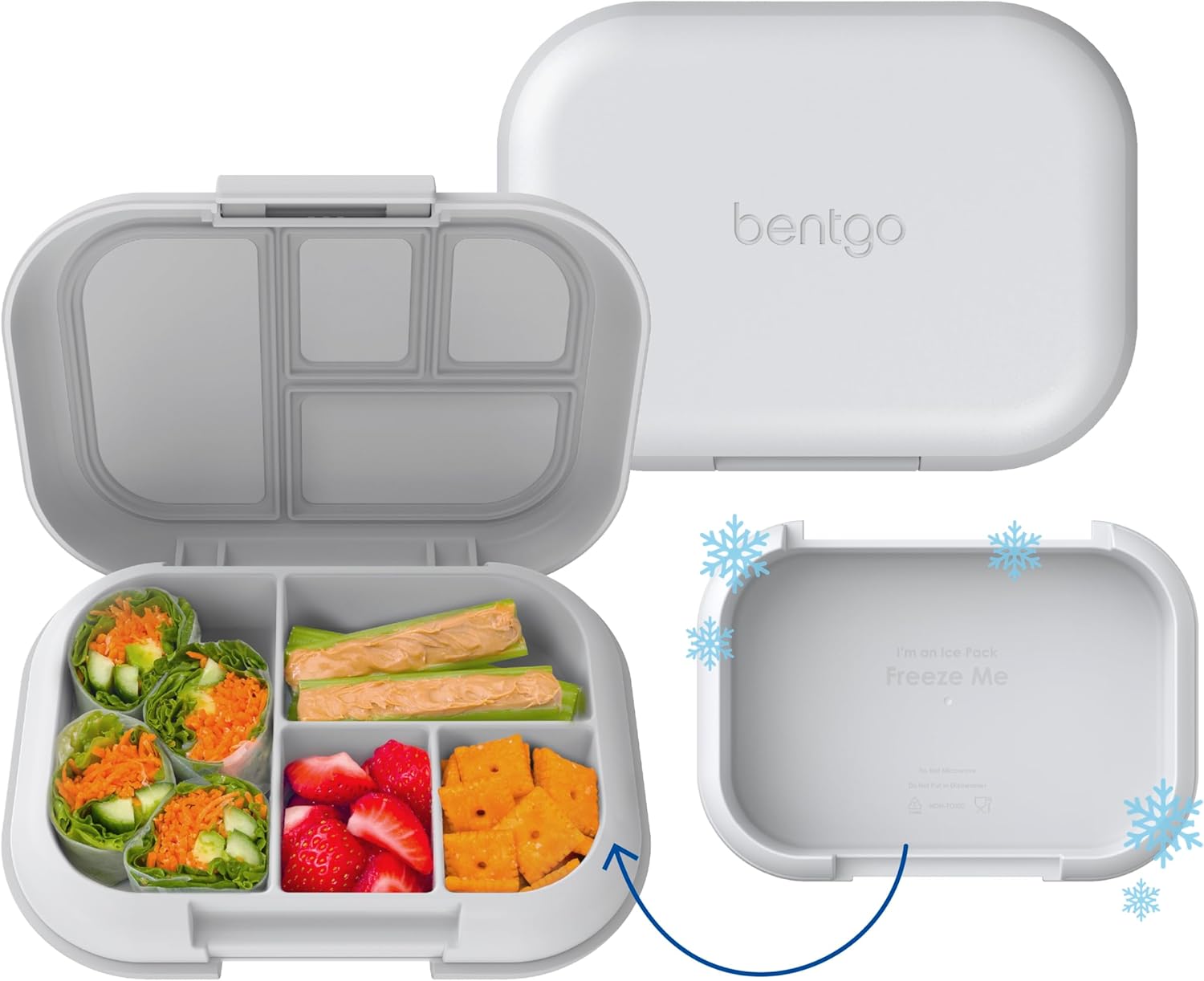 Bentgo Chill Kids Leak-Proof Lunch Box - 4-Compartment Bento Box with Built-In Ice Pack, 3.3 Cup Capacity, PFAS & BPA-Free, Microwave & Dishwasher Safe, Ideal Size for Ages 3 to 7 (Gray)