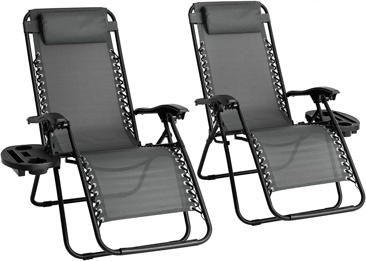Straame Garden | Zero Gravity Chair | Set of 2 | Heavy Duty Textoline | Outdoor & Garden Sunloungers | Reclining & Folding Chair with Cup Holder and Headrest Pillow(Grey, Set of 2 Classic Chair)