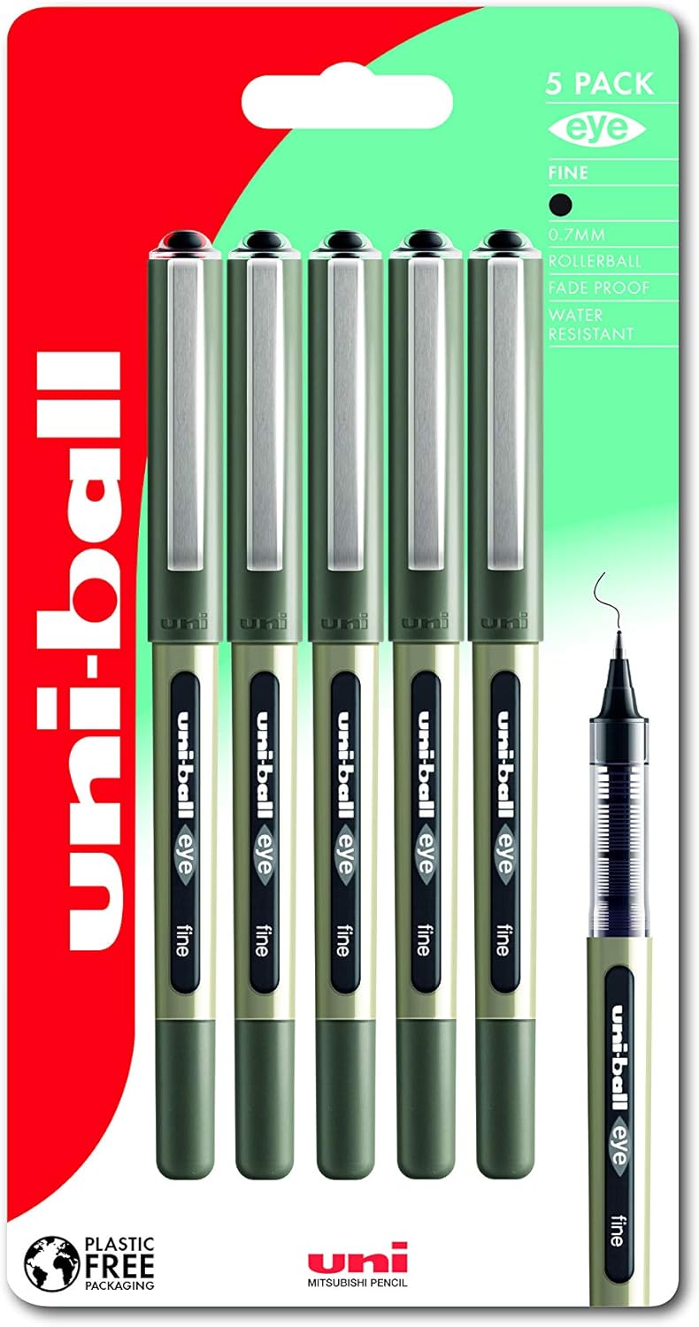 Uni-ball UB-157 Eye Black Rollerball Pens. Premium Fine 0.7mm Ballpoint Tip for Super Smooth Handwriting, Drawing, Art, Crafts and Colouring. Fade and Water Resistant Liquid Uni Super Ink. Pack of 5