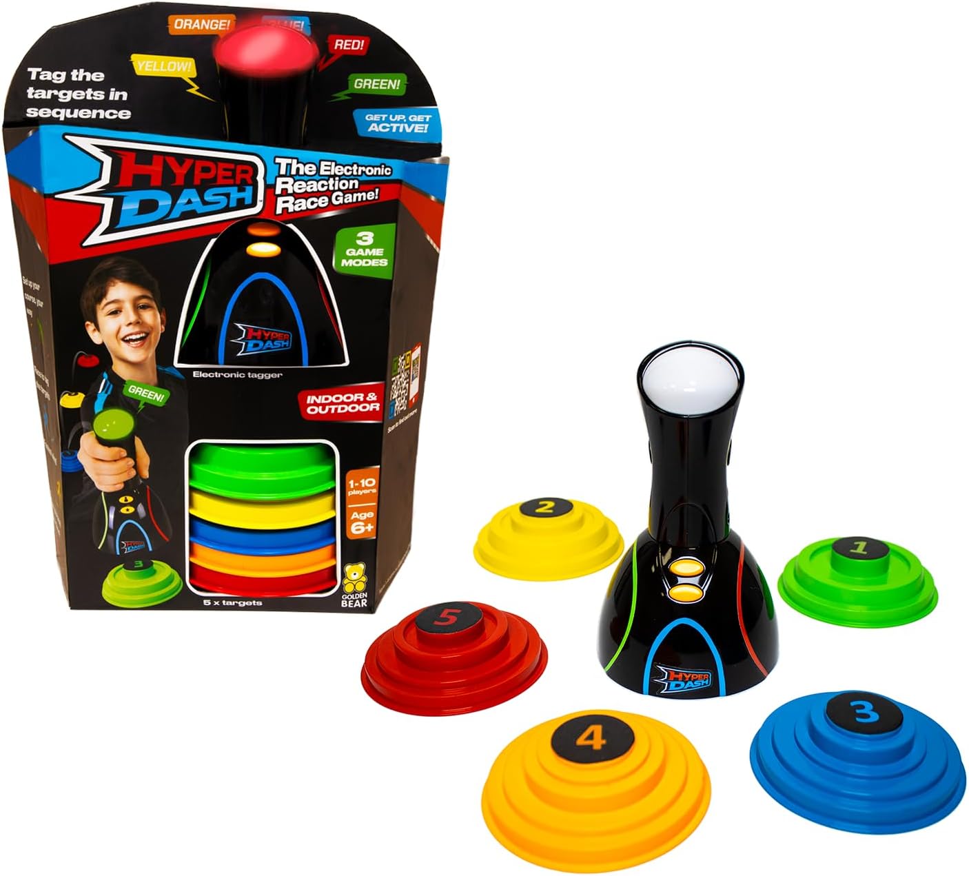 Hyper Dash, fast reaction race game, race against yourself or up to 10 friends to hit the colour targets, 3 play modes, great for family games. Play indoor & outdoor. Age 3+