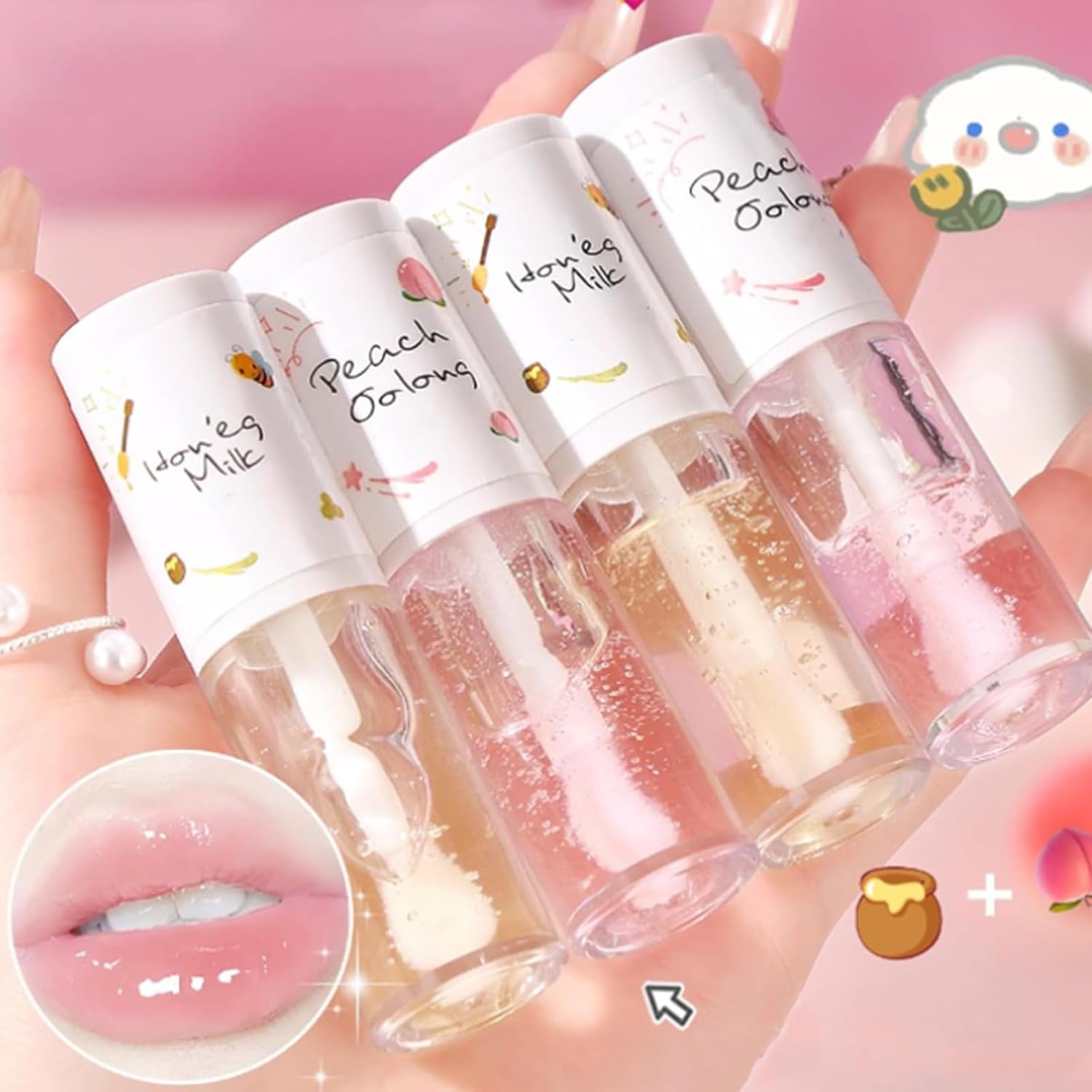 Riroenst 4Pcs Hydrating Lip Gloss Set,Crystal Jelly Moisturizing Lip Oil,Transparent Hydrating Lip Balm,Plumping Lip Gloss Long Lasting Lip Glow Oil Lip Care Tools