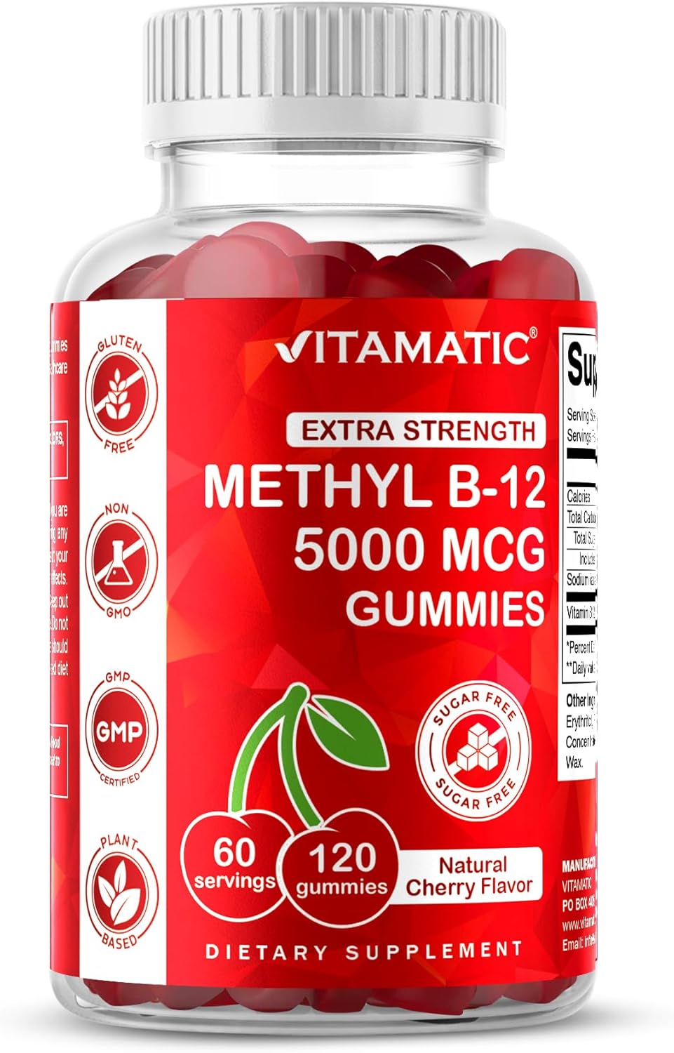 Vitamatic Extra Strength Vitamin B12 5000 mcg (Methyl B12) Gummies - 120 Count - Energy Metabolism Support and Nervous System Health Support, Natural Cherry Flavored (1)