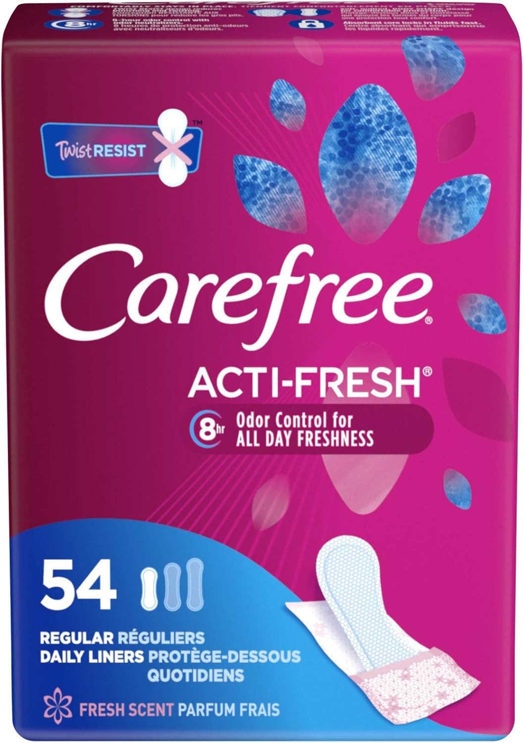 Carefree Acti-Fresh Body Shaped Regular Pantiliners, Fresh Scented, 54 Count (Pack of 1), Package May Vary