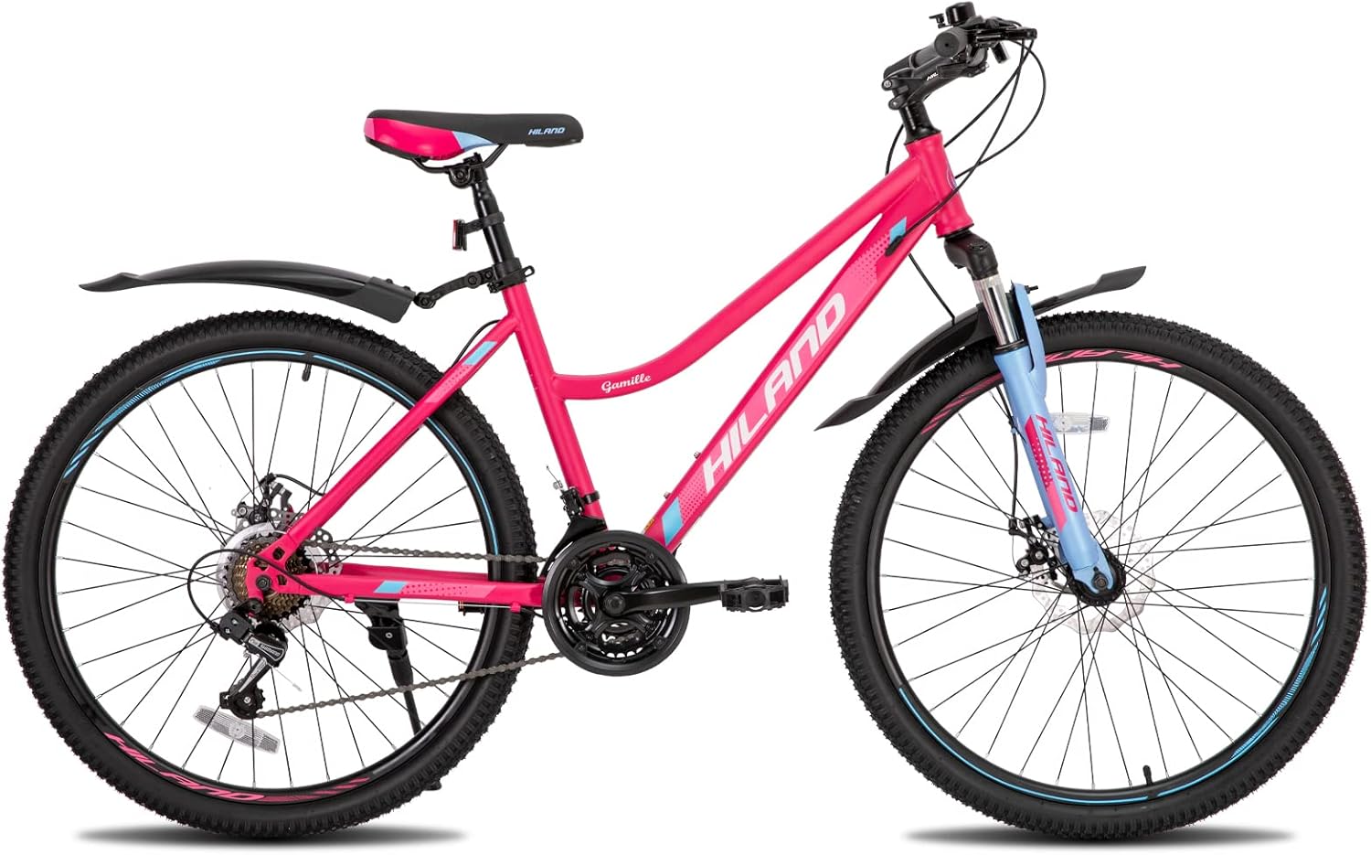 Hiland Mountain Bike 26 Inch MTB Front Suspension with 21 Speed Gear Steel Frame Disc Brake Mudguards for Women Bicycle Mintgreen/pink