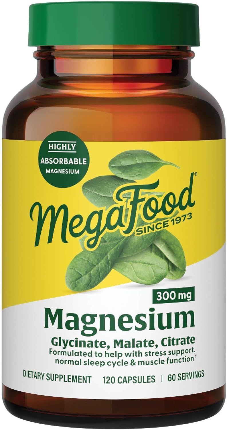 MegaFood Magnesium 300 mg - Highly Absorbable Blend of Magnesium Glycinate, Citrate & Malate to Help Support Heart, Nerve Health & Relaxation - 120 Capsules (60 Servings)