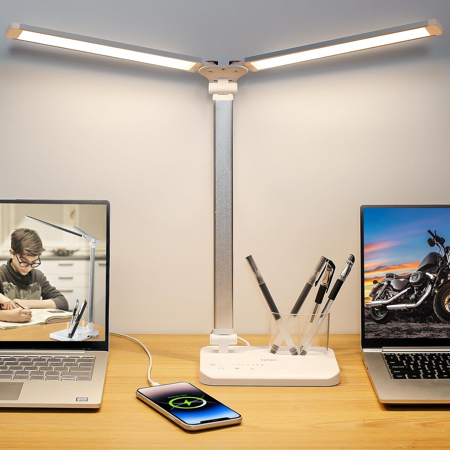 iVict Dual Swing Arm LED Desk Lamps, 5 Light Modes x 10 Brightness Levels Desk Light with USB Charging Port, 45 Minutes Auto Timer Table Lamp, Desk Lamp for Home Office, Bedroom, Reading