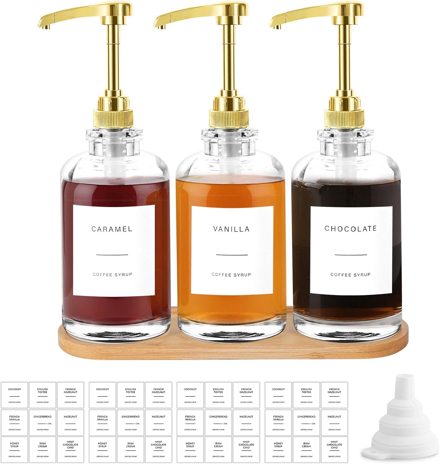 Sunal Coffee Syrup Dispenser with Tray,Set of 3 Glass Syrup Dispensers with 1/4oz Large Capacity Pump,Waterproof Labels and Funnel,16.9oz/500ml Syrup Pump Bottle for Coffee Bar and Kitchen(Gold)