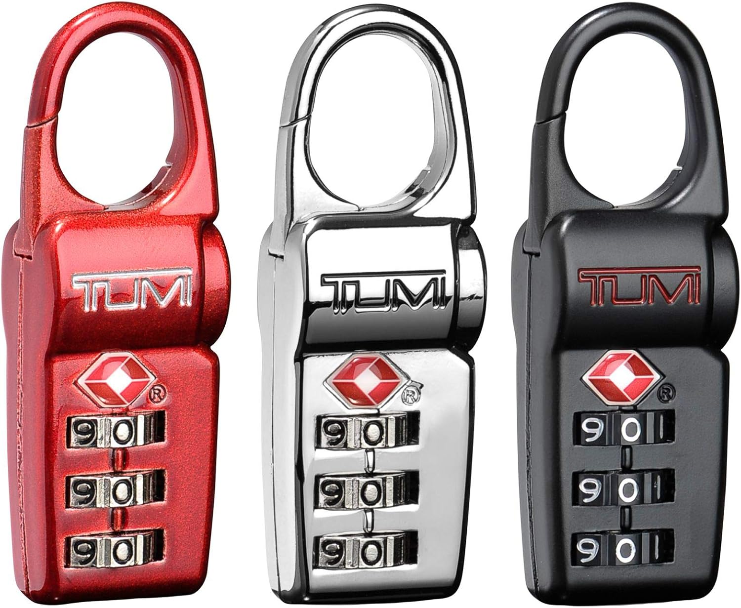 TUMI - TSA Lock Box - Combination Lock for Luggage & Backpack - TSA-Approved Locks - Travel Security Accessories - Set of 3 - Black/Silver/Red