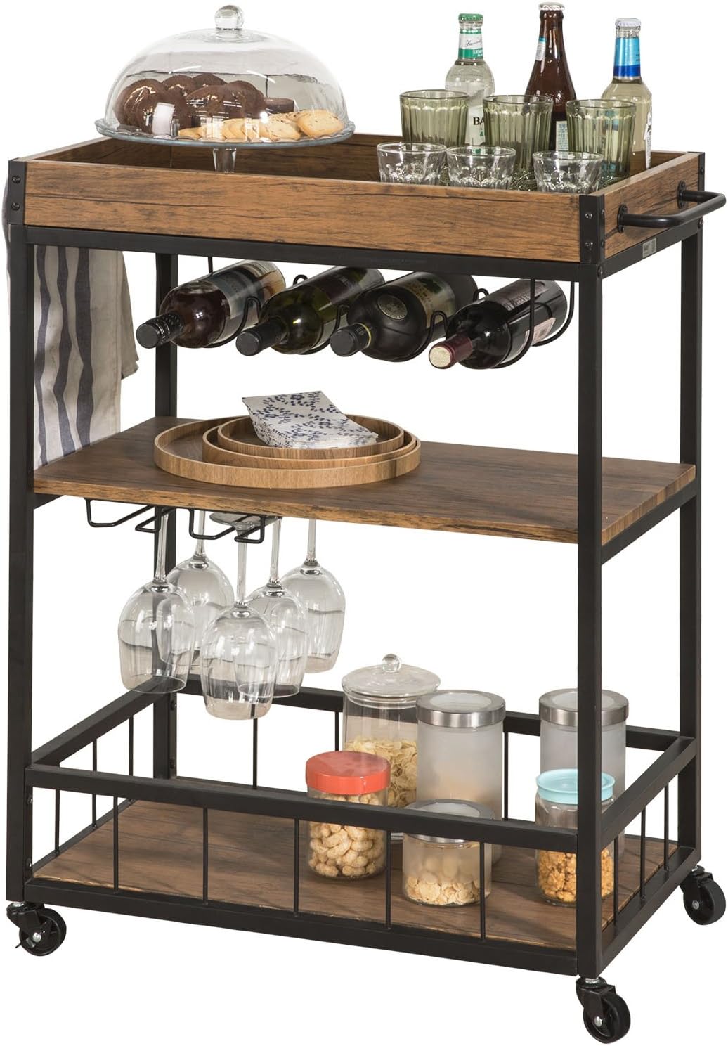 SoBuy® FKW56-N, Industrial Vintage Style Wood Metal 3 Tiers Kitchen Serving Trolley with Wine Rack