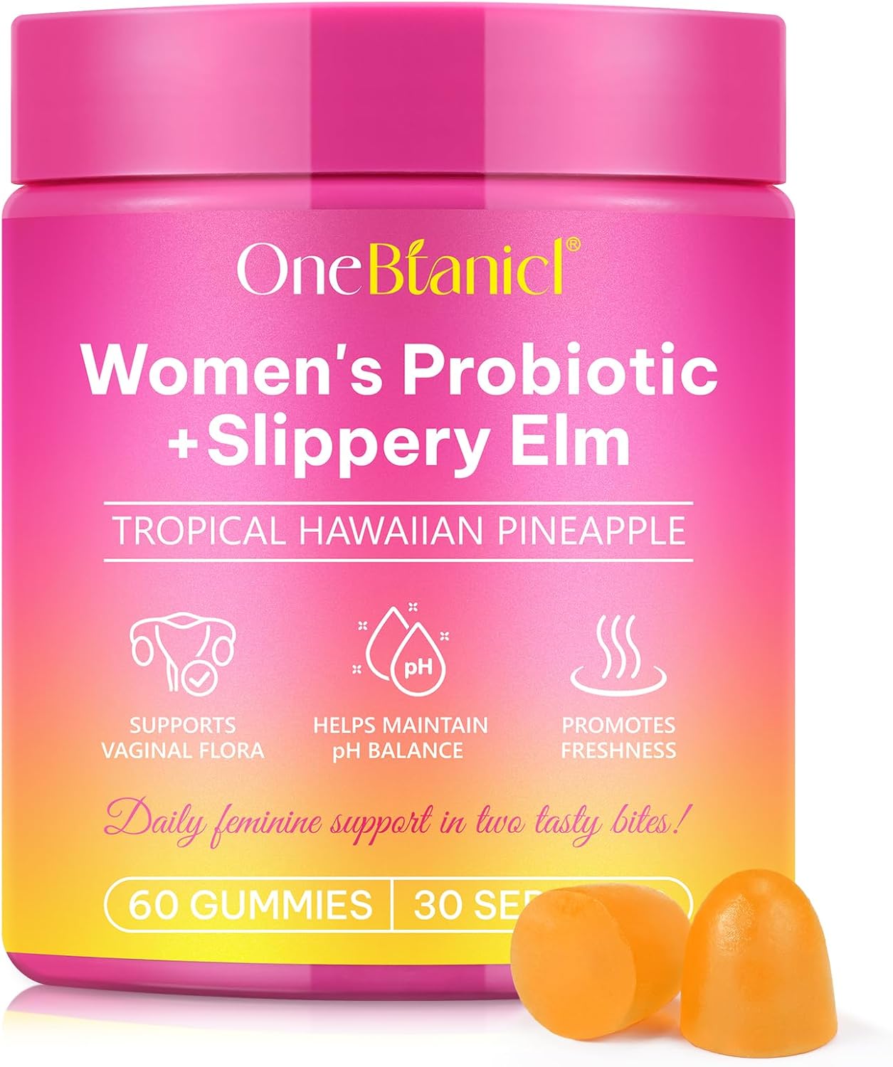 Feminine Probiotics Gummies for Women - Pineapple Flavor | Vaginal Probiotics Feminine PH Balance Gummies with Slippery Elm for Immune Support & Vaginal Health, 60 Count