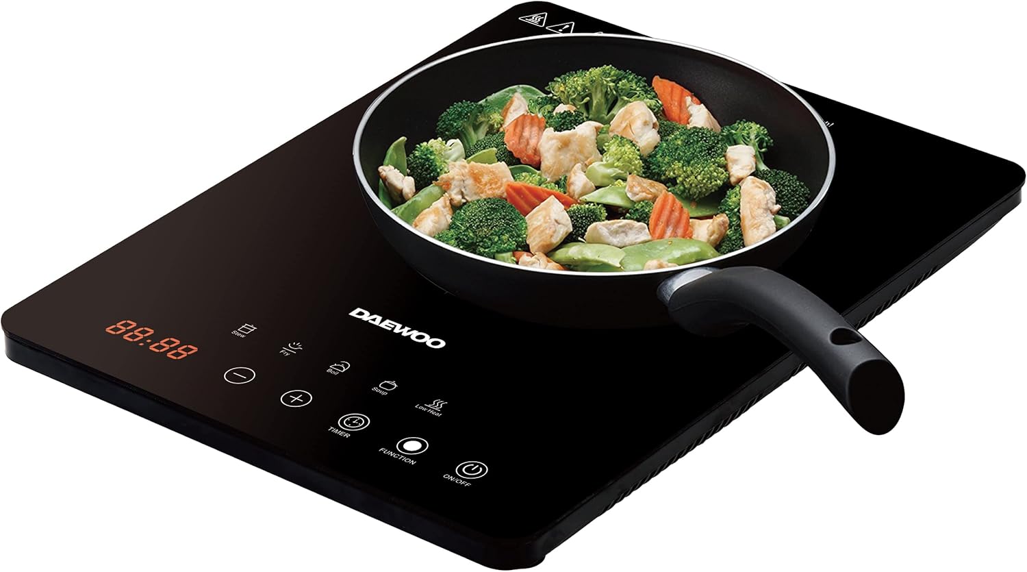Daewoo 2000W Electric Single Induction Hob with Built-In Timer and Adjustable Temperature Settings, Automatic Switch Off and Overheat Protection, 220-240v 50hz Type G UK Plug, Glossy Crystal Glass