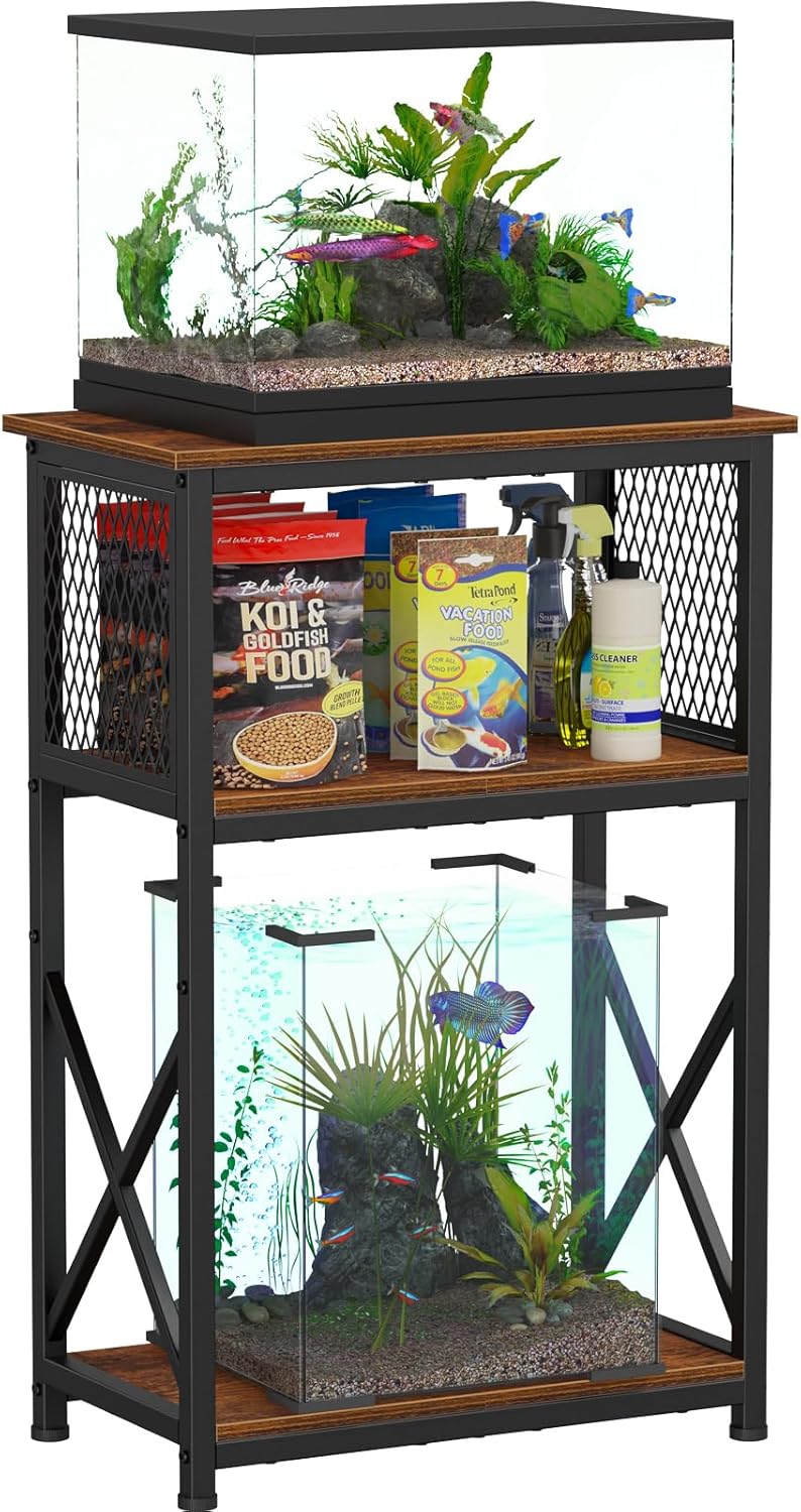Snughome 10 Gallon Aquarium Stand with Storage, 3 Tier Heavy Metal Fish Tank Stand Shelf 20.47" x 11.42" x 30.91", Rustic Brown