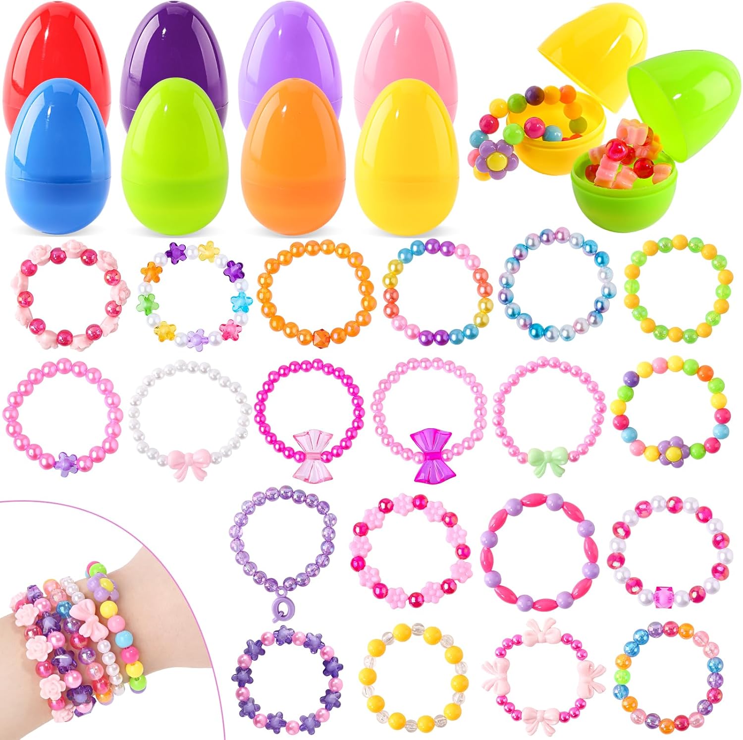 24 Pack Easter Basket Stuffers, Prefilled Eggs with Bracelets for Kids Easter Eggs Hunt, Easter Basket Essentials, Classroom Prize Rewards, Party Favors for Kids Boys Girls