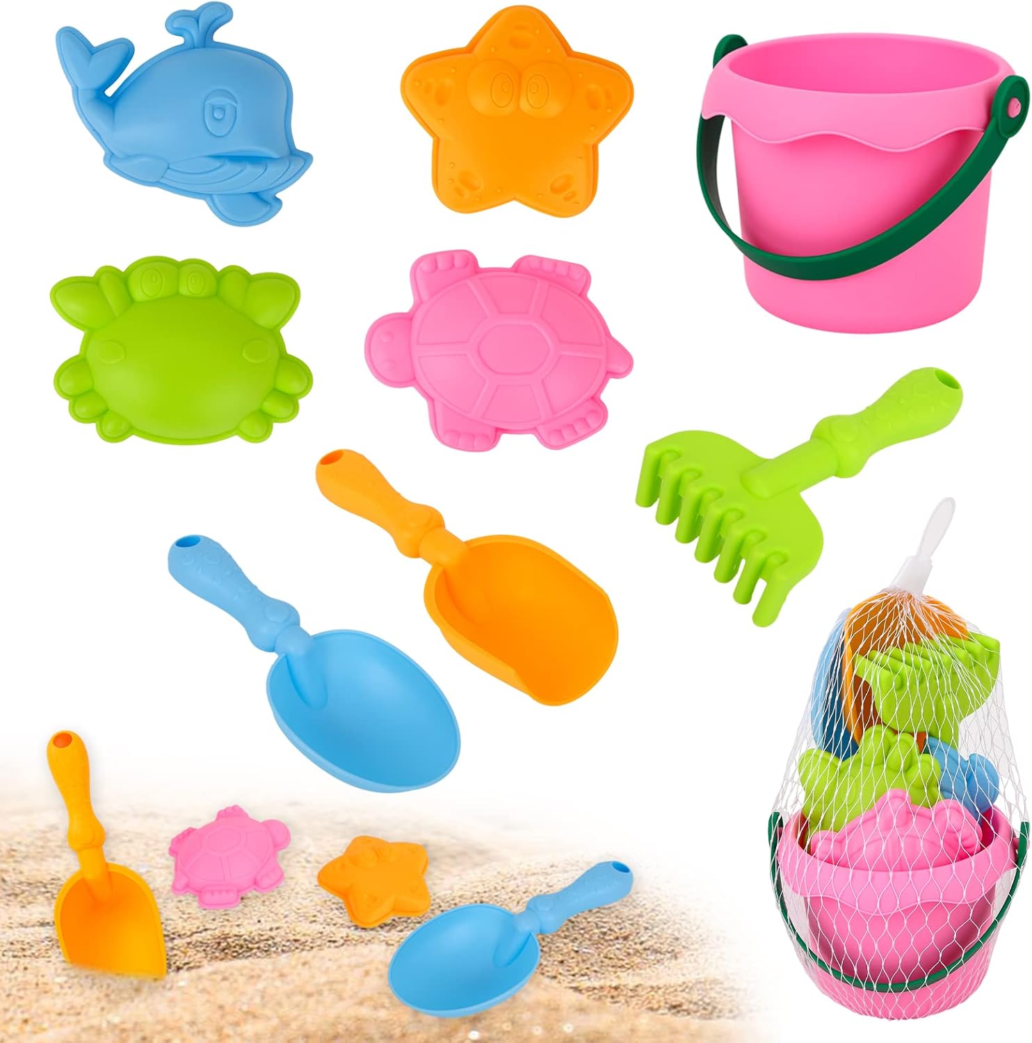 Gukasxi Beach Toys Set for Kids, 8 Pcs Kids Sand Bucket with Bucket, Shovels and Sea Animal Soft Molds, Outdoor Fun Tools Toddler Children Boys Girls, Pit, Pink (Sandspielzeug 8)
