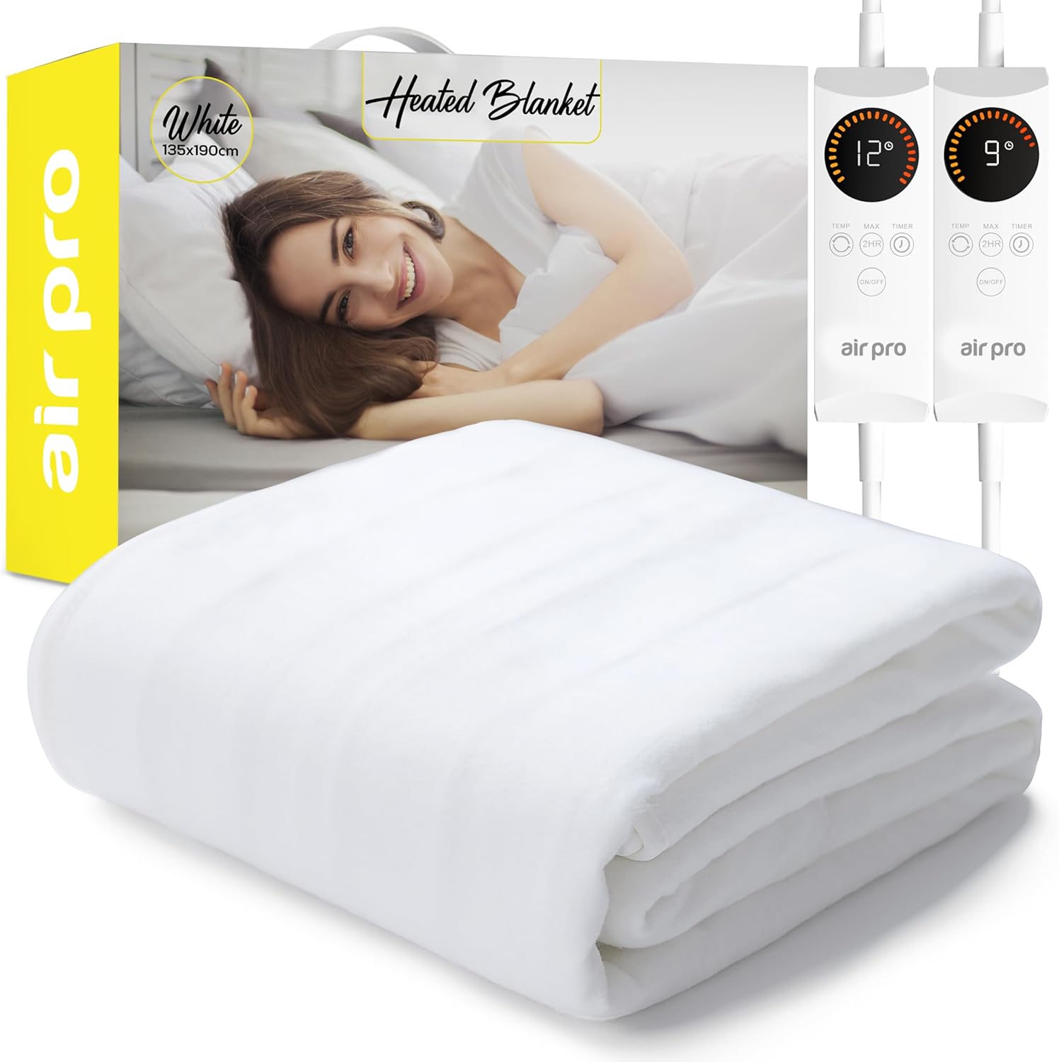 Air Pro Electric Blanket - Fully Fitted Mattress Cover With Elastic Straps - Premium Fleece Easy Fit Heated Blanket - Detachable Dual Controllers & Machine Washable - Double - 135x190cm