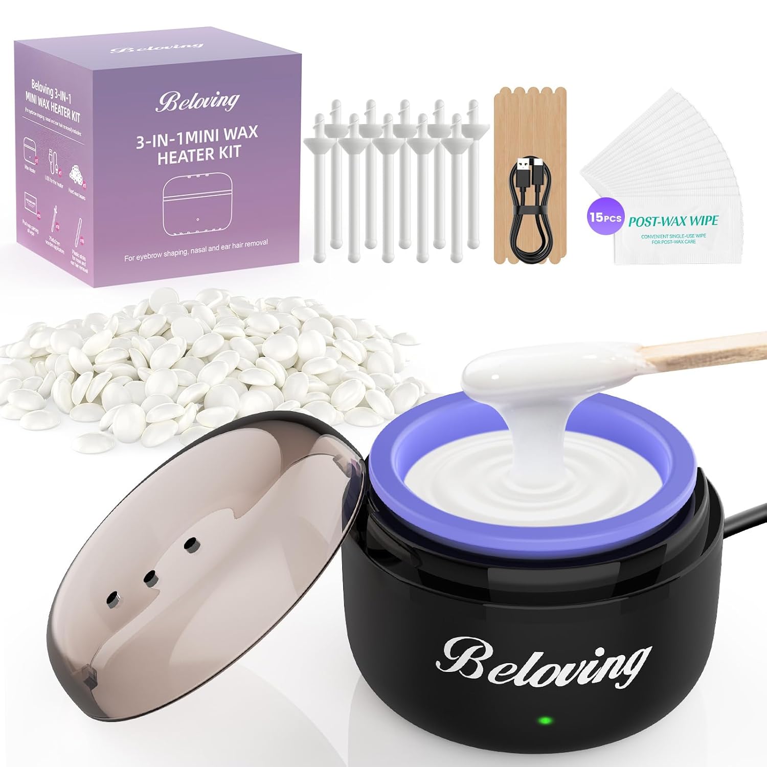 Nose Wax Kit, Mini Wax Warmer for Eyebrow Ear Hair Removal, Waxing Kit for Women Men with 100g Beads, 10 Applicators, 10 Nose Sticks, Portable at Home Waxer Melter Machine Kit for Face Waxing - Black