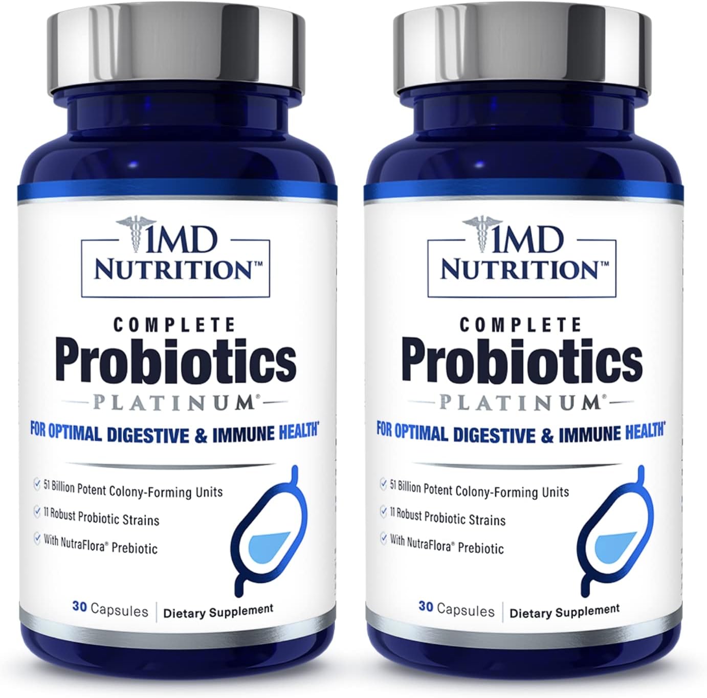 1MD Complete Probiotics Platinum | Supports Digestive Health | with Nourishing Prebiotics, 51 Billion Live CFU, 11 Strains, Dairy-Free | 30 Vegetable Capsules (2-Pack)