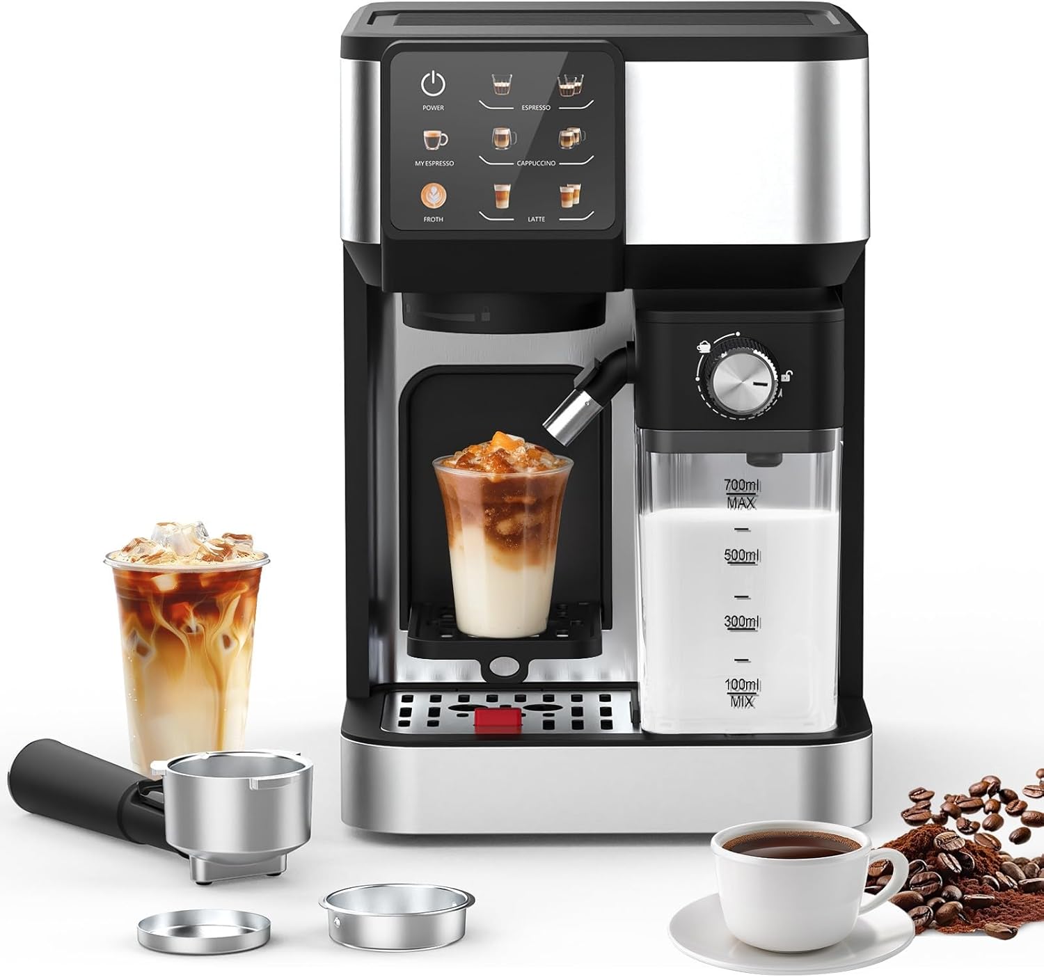 One-Touch Espresso Machine with Automatic Milk Frother, 20 Bar Coffee Maker for Espresso, Cappuccino & Latte Maker, Stainless Steel, 2L Removable Water Tank, 700ml milk Reservoir, Black