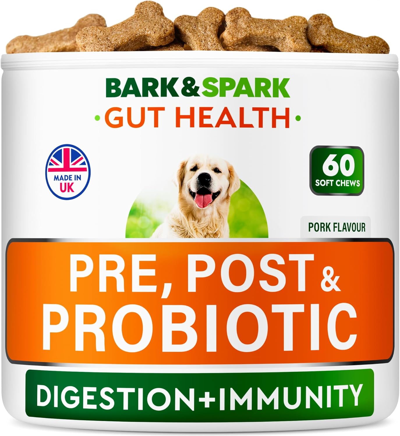 BARK&SPARK Vet Strength Dog Probiotics for Gut Health & Digestive Enzymes - Gas, Diarrhea, Constipation Chewables - Allergies Itchy Skin - Dogs Digestive Health - 60 Count (Pack of 1) Roasted Turkey