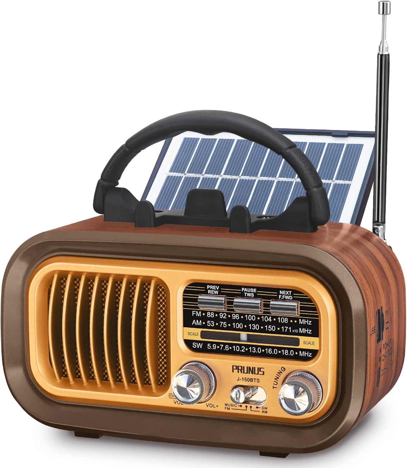 PRUNUS J-150 Portable Radio AM FM SW Bluetooth, Retro Radios Vintage Transistor with Best Sound, Solar/D Battery Operated/USB Rechargeable, TWS, Support TF Card/USB Playing