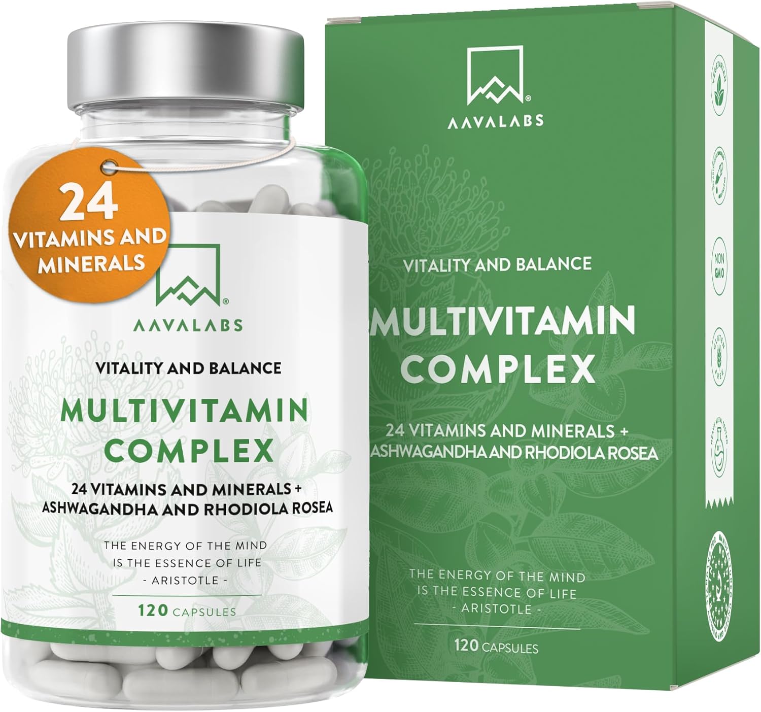 Multivitamin Complex with 24 Vitamins and Minerals + Ashwagandha and Rhodiola Rosea - Multivitamin Tablets for Women and Men - with Vitamin C & Vitamin D - Multivitamins and Minerals - 120 Capsules