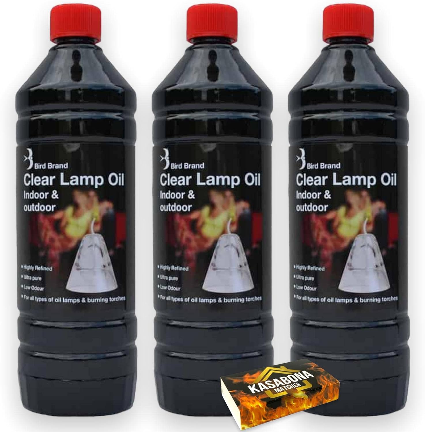 Bird Brand Clear Lantern Torch and Lamp Oil 1L Indoor & Outdoor Use for Oil Lamps & Burning Torches - Pack Includes KasaBona Safety Matches (3 Pack)