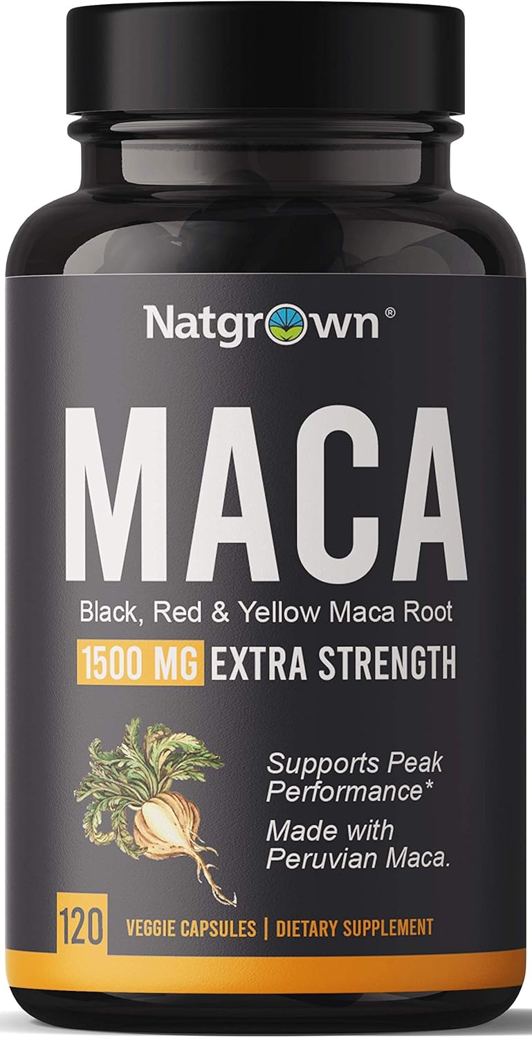 Natgrown Organic Maca Root Powder Capsules - Black, Red & Yellow - 1500 mg per Serving - Gelatinized Peruvian Maca Supplement - Non-GMO, Gluten-Free, Vegan - (120 Count)