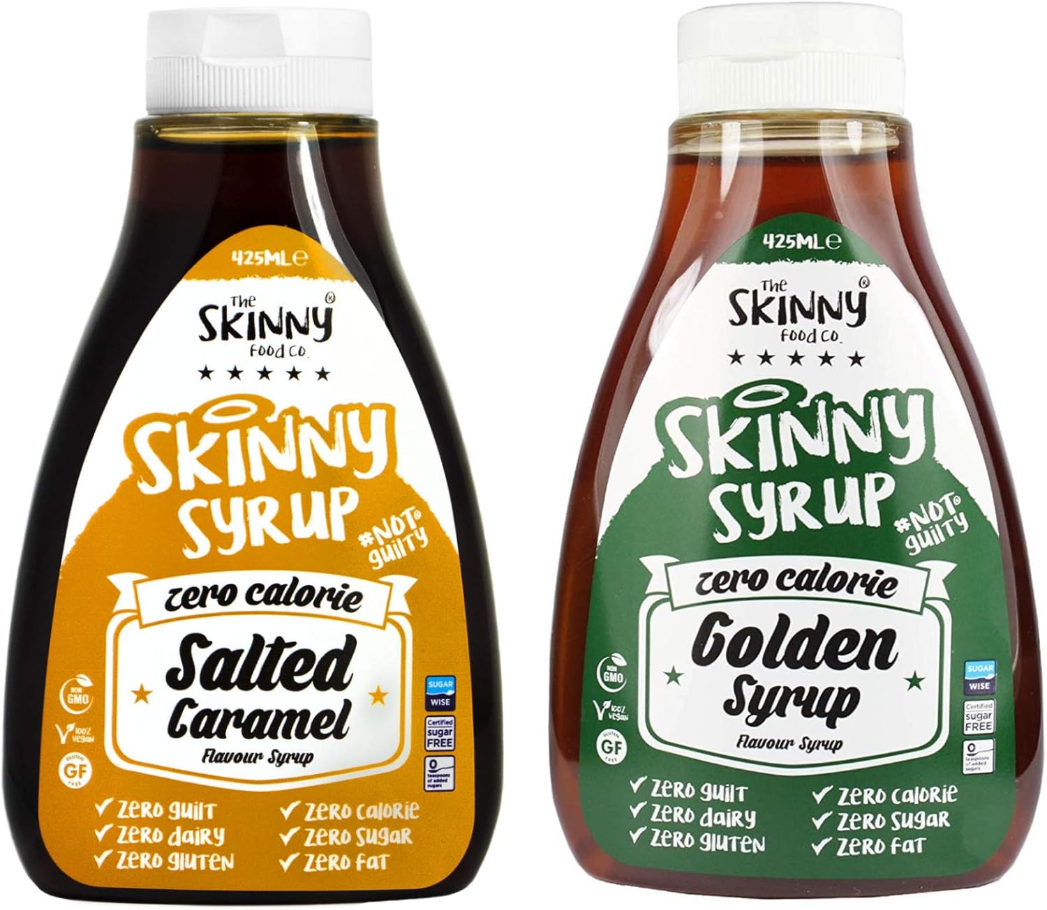 The Skinny Food Co. Syrup Twin Pack SW Salted Caramel Syrup & Golden Syrup Dessert Topping Sugar Free Zero Calories Guilt Free Sauce, Bottle 425ml