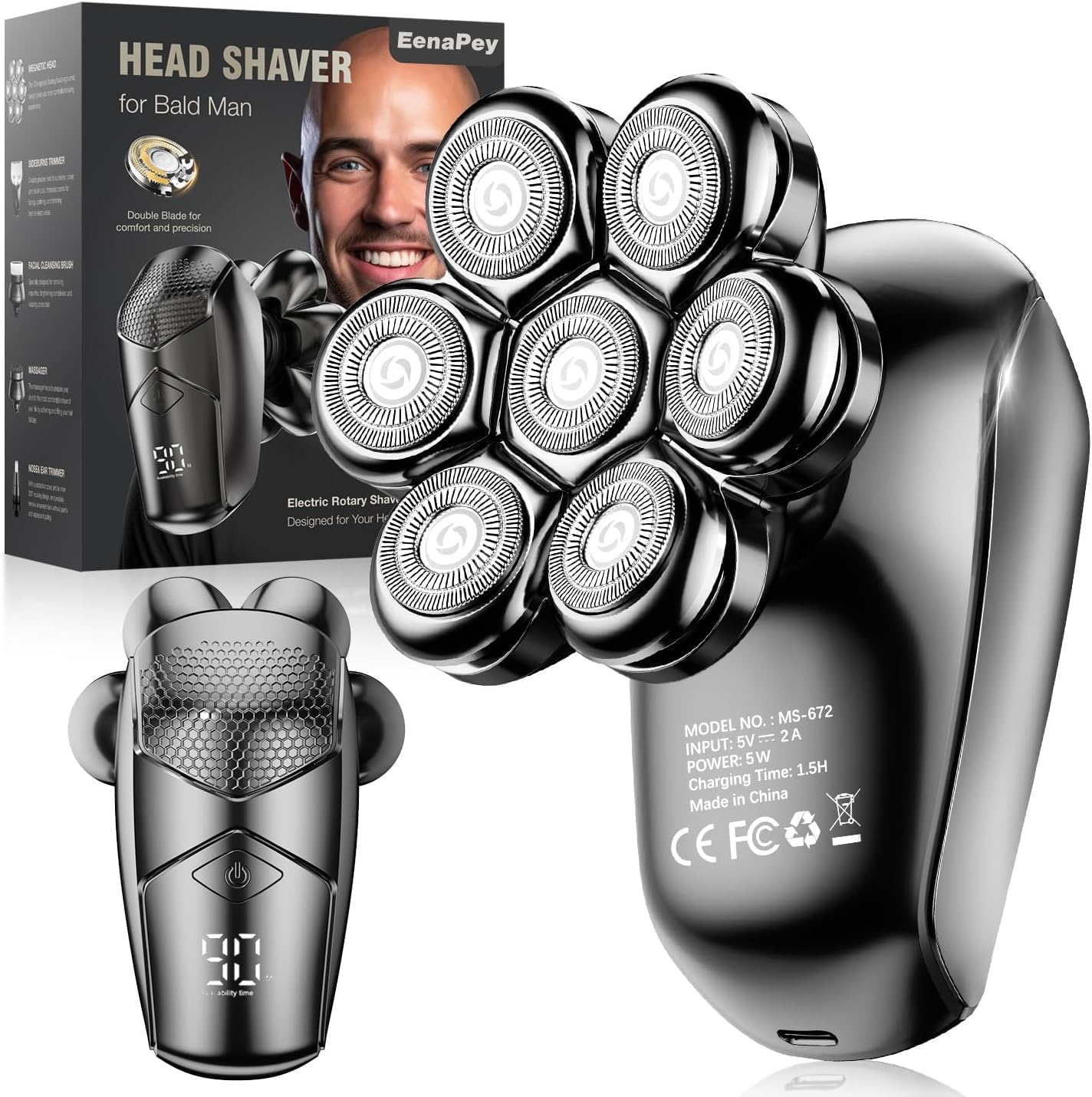 Head Shavers for Men，EenaPey 5 in 1 Electric Rotary Shaver with 7D Floating Head，IPX7 Waterproof and Type C Rechargeable Grooming Kit
