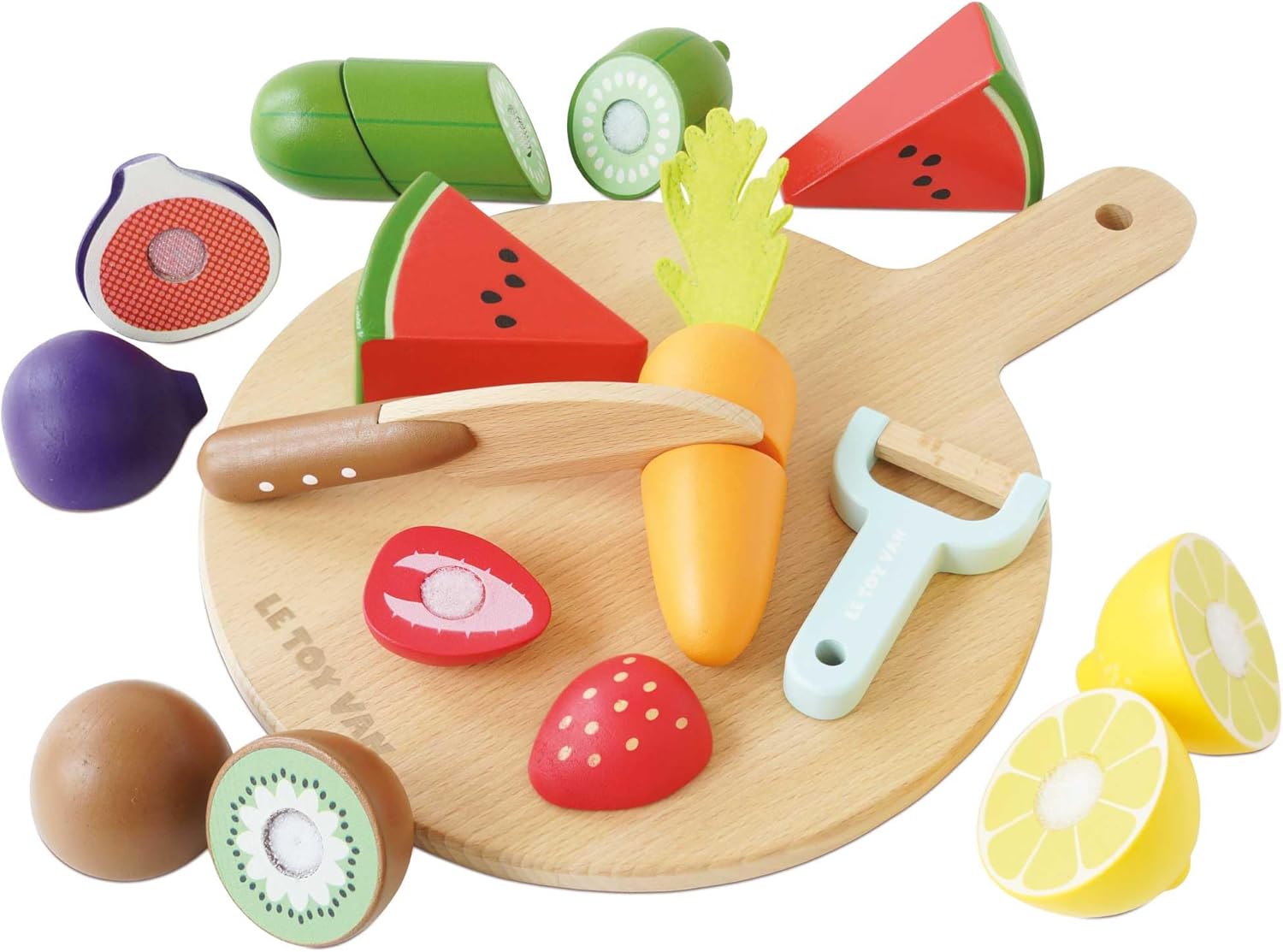 Le Toy Van - Wooden Chopping Board and Super Food Set | Perfect for Supermarket, Food Shop or Cafe Pretend Play – Suitable for Boys & Girls Age 24+ Months