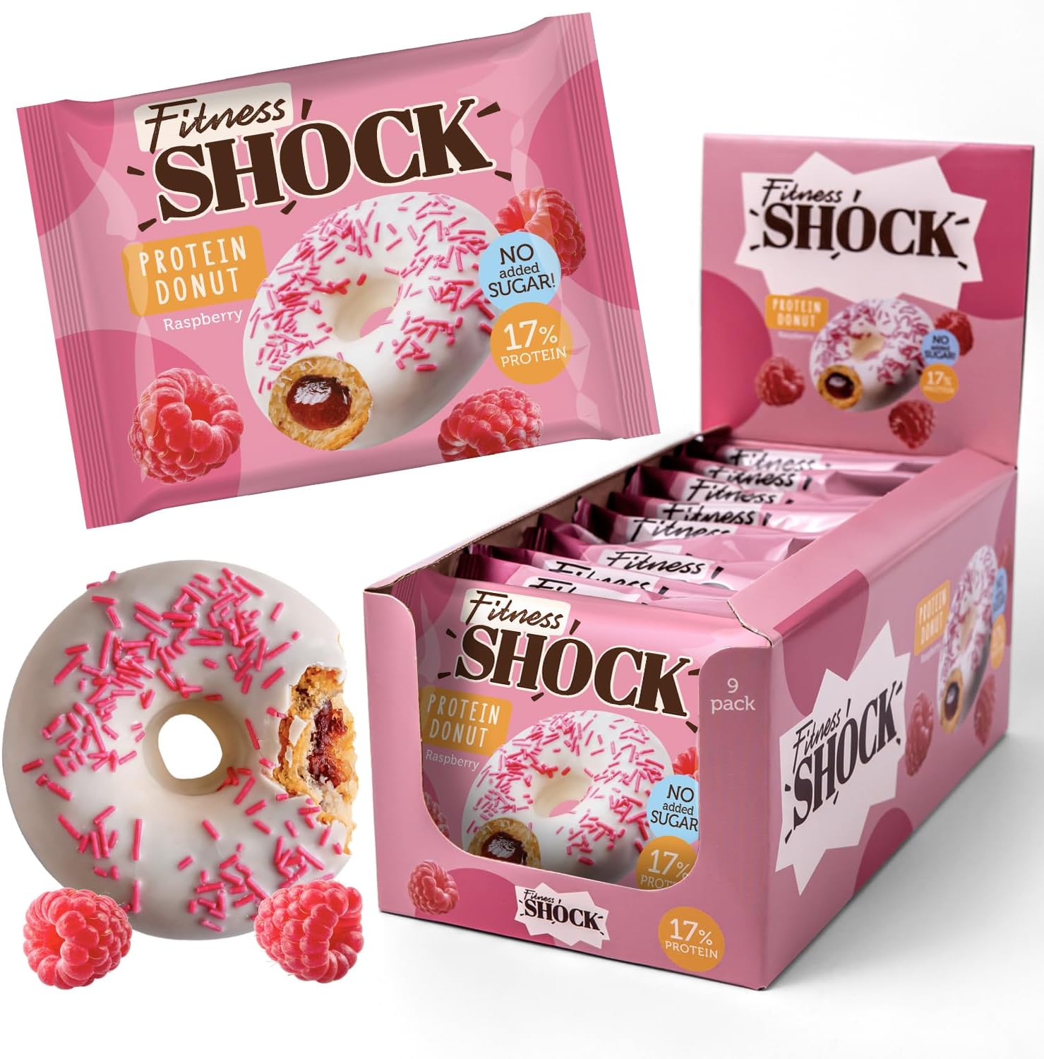 FitnesSHOCK Protein Donuts, Raspberry Flavor with Sprinkles - No Added Sugar, High in Fiber & Protein (12g/17%), Palm Oil-Free, Stevia-Sweetened, 9 Pack (70g each)