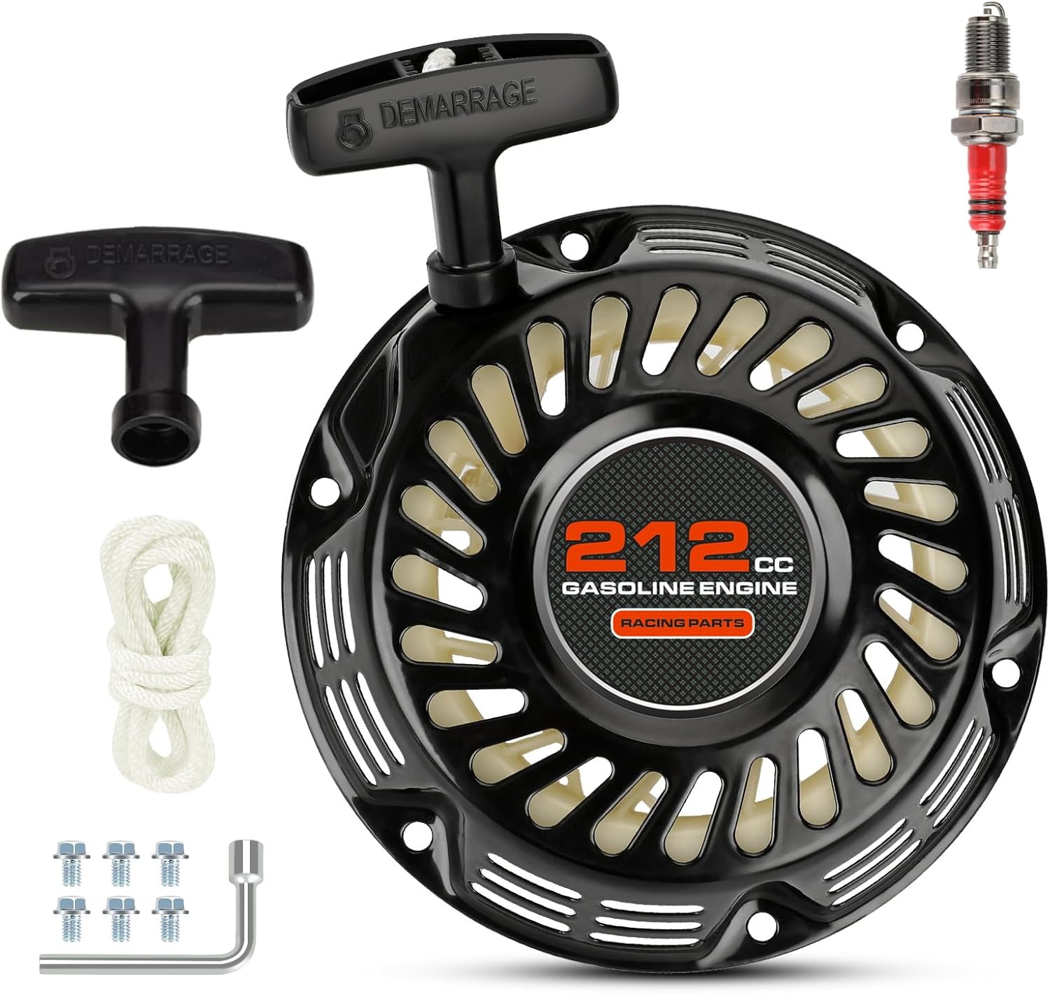 FVRITO Pull Start Assembly Recoil Starter Compatible with Predator 212 Non Hemi Coleman Mini Bike CT200U CT200U-EX BT200X KT196 Go Kart 196cc GX160 GX200 Clone Engine Lawn Mower Parts with Spark Plug