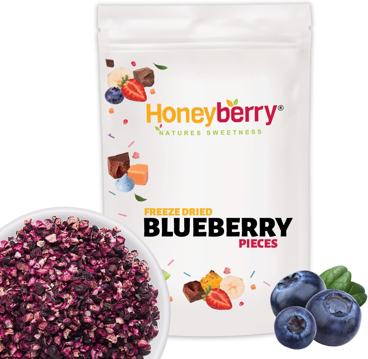 Freeze Dried Blueberry Pieces 100g - Freeze Dried Fruit Bits - Natural Healthy Dry Blueberries for Baking, Cake Decorations, Smoothie, Yoghurt or Ice Creams Topping - Dehydrated Fresh Blueberry Pieces