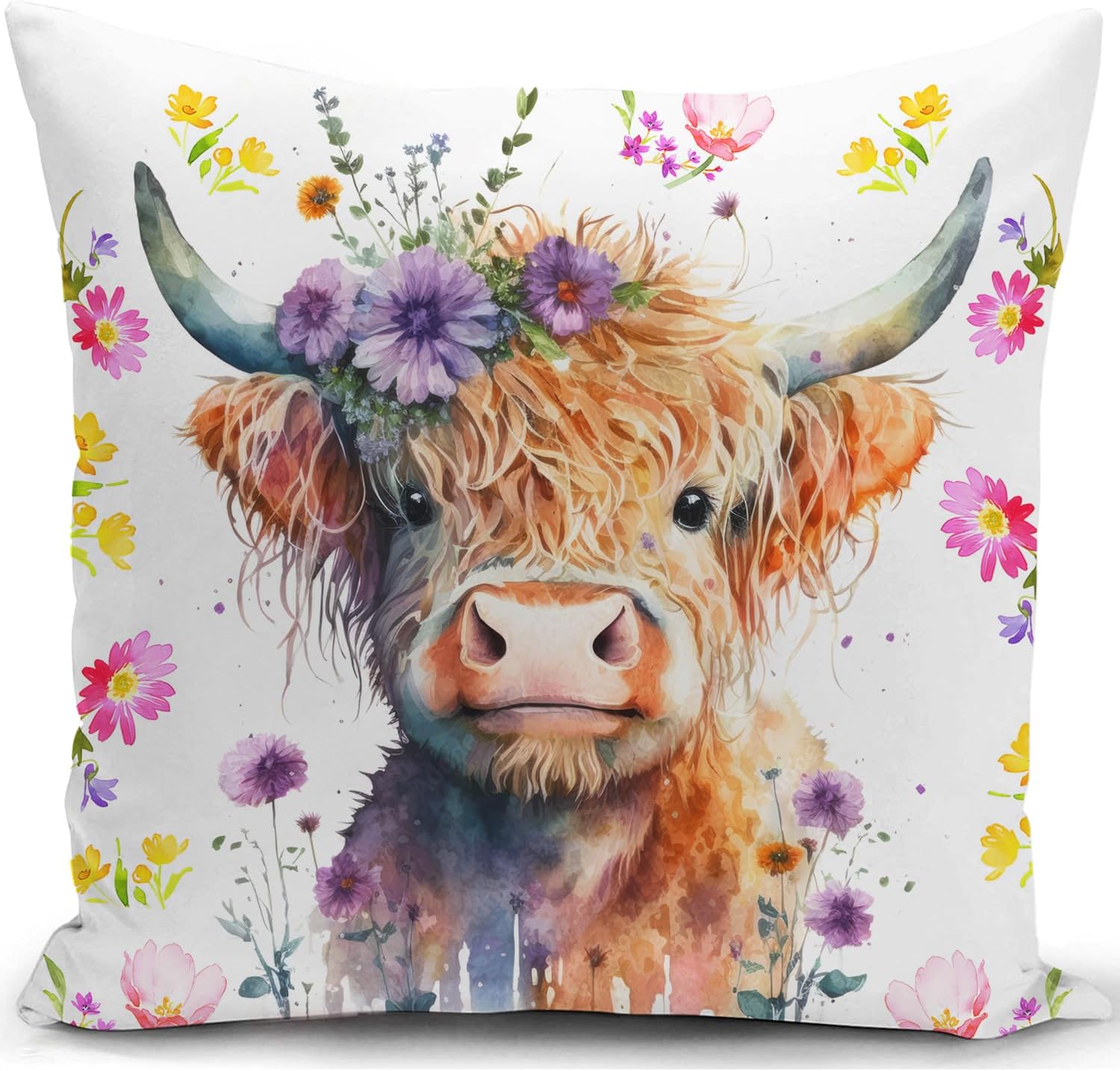 Cushion Cover Highland Cow Decorations Scottish Gift for Women Pillow Cover Animal Outdoor Flower Throw Pillow Case Decor Home Livingroom Couch Sofa 18"x18"(45x45cm)