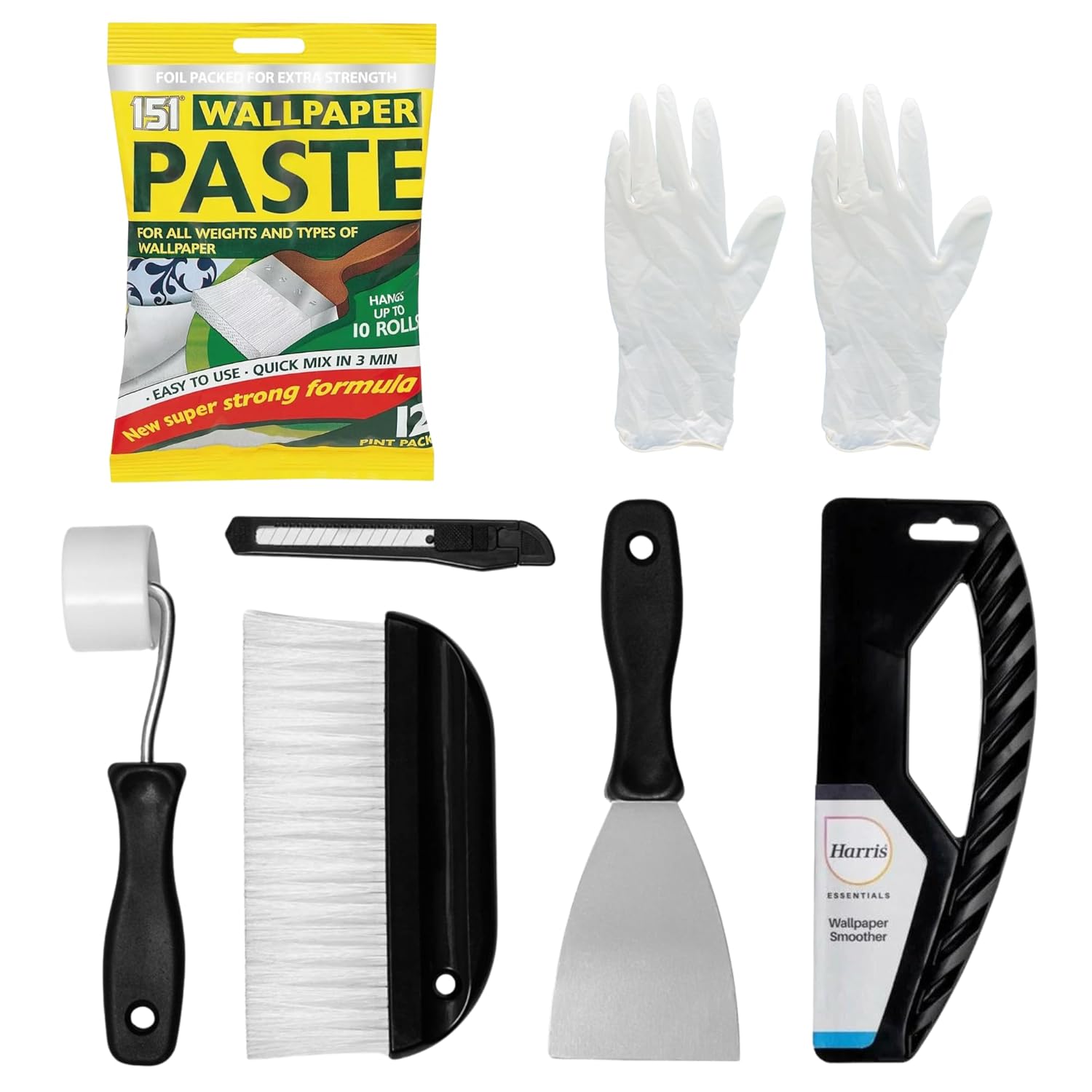 Wallpaper Paste Kit - Includes 10 Roll Adhesive Paste and Wallpaper Kit Containing Smoother, Roller, Hanging Brush, Scraper, Trimmer and Gloves