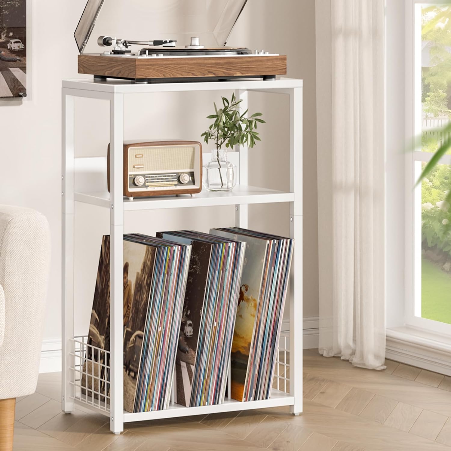 LELELINKY Large White Record Player Stand, 3 Tier Big End Table with Vinyl Storage, Turntable Stand, Industrial Printer Tables, Modern Nightstand for Living Room, Bedroom, Office