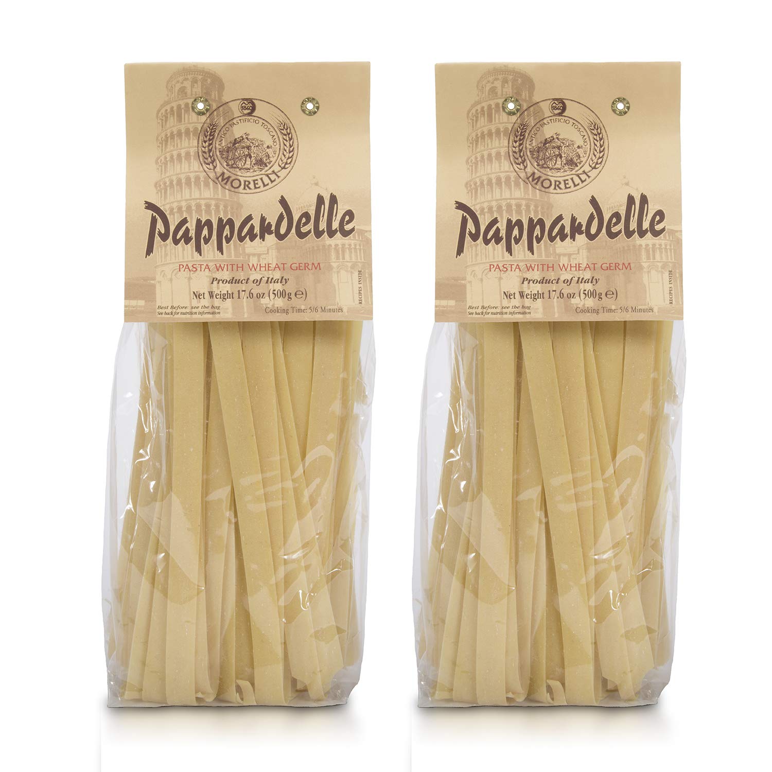 Morelli Organic Pappardelle Pasta Noodles - Imported Pasta from Italy, Wide pappardelle Noodles, Gourmet Italian Durum Wheat Salomina with Wheat Germ - 17.6oz (500g) - Pack of 2